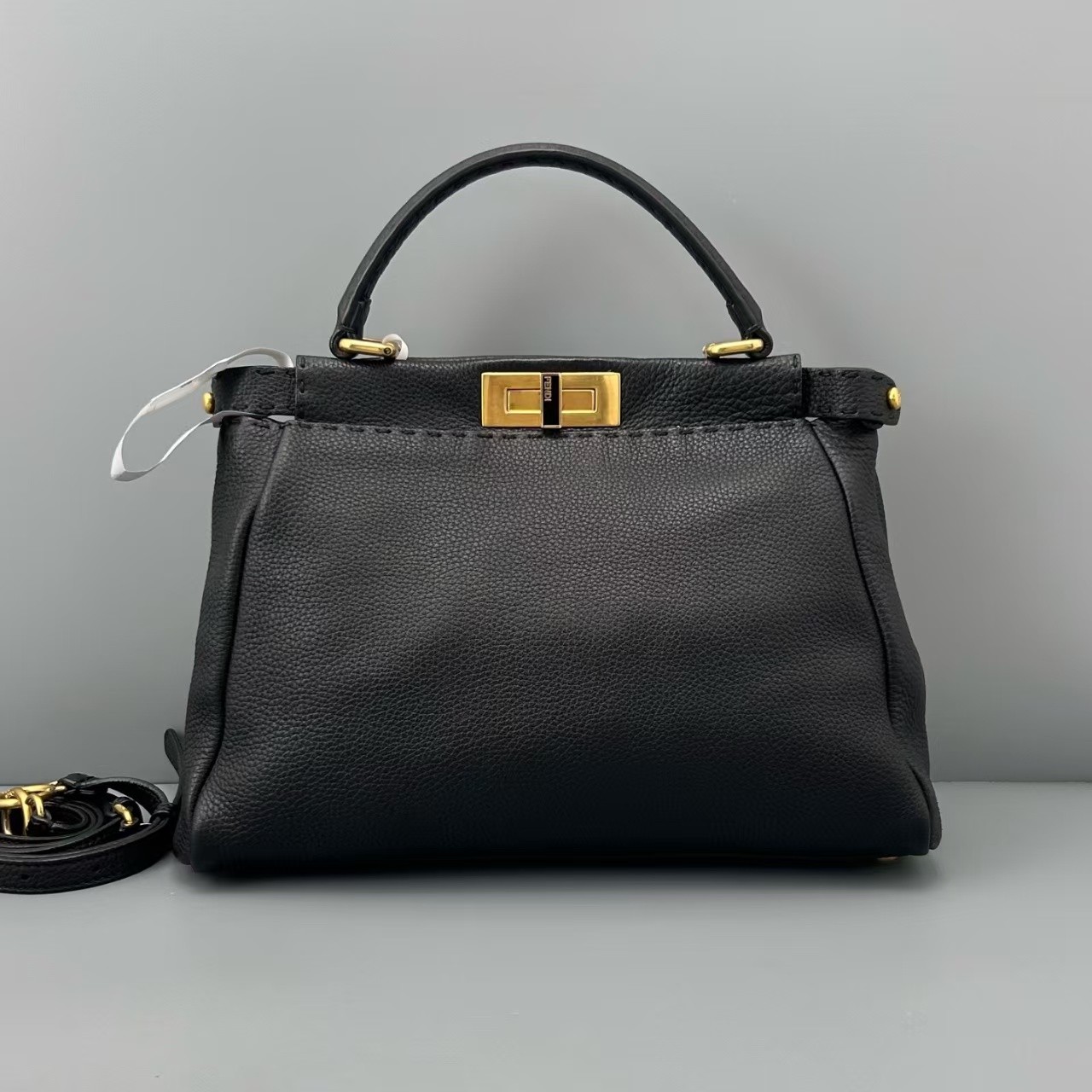 Fendi Peekaboo Medium Black Gold Top Handle Crossbody Bag