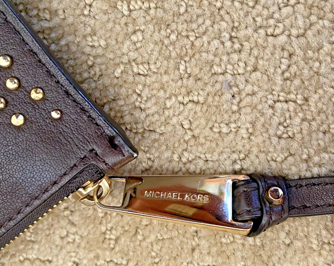 Michael Kors Rhea Wristlet Gold Studded Dark Brown Leather Logo Zipper
