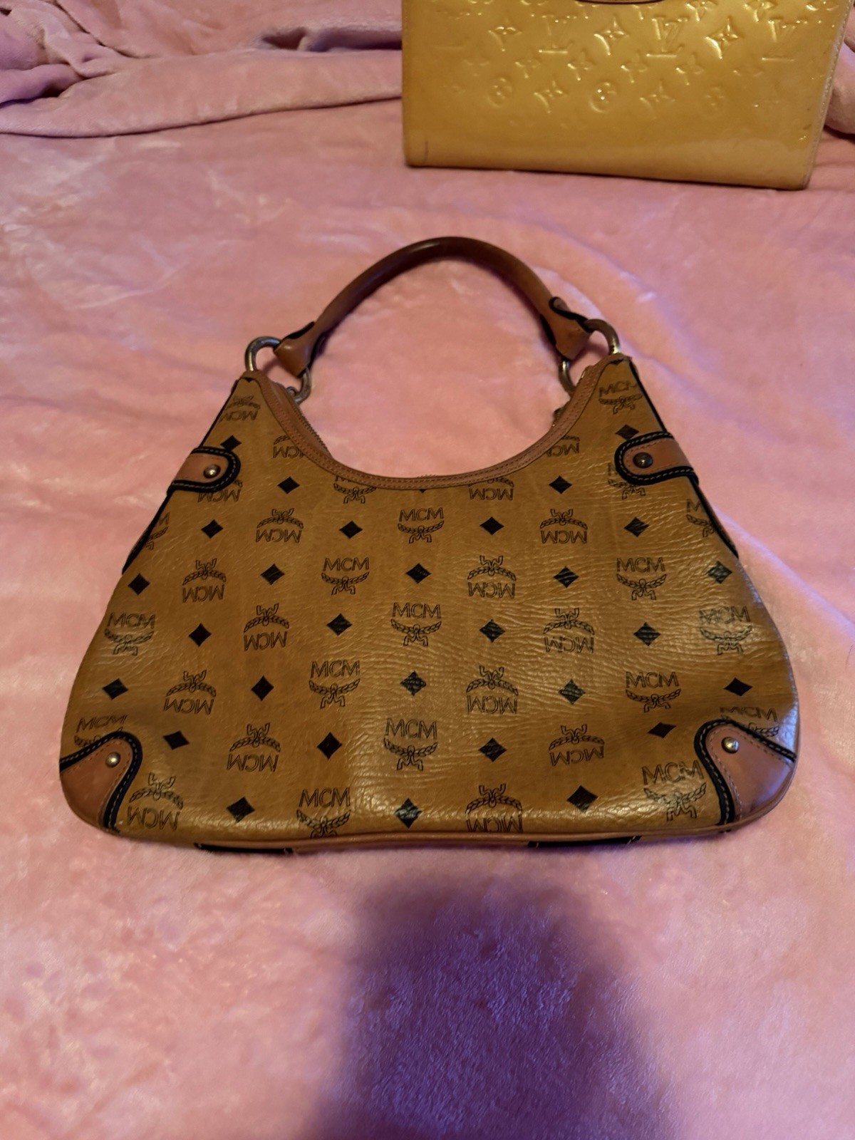 MCM Brown Monogram Visetos Hobo Bag Top Handle Zip Chain Bag Charm Gold HW