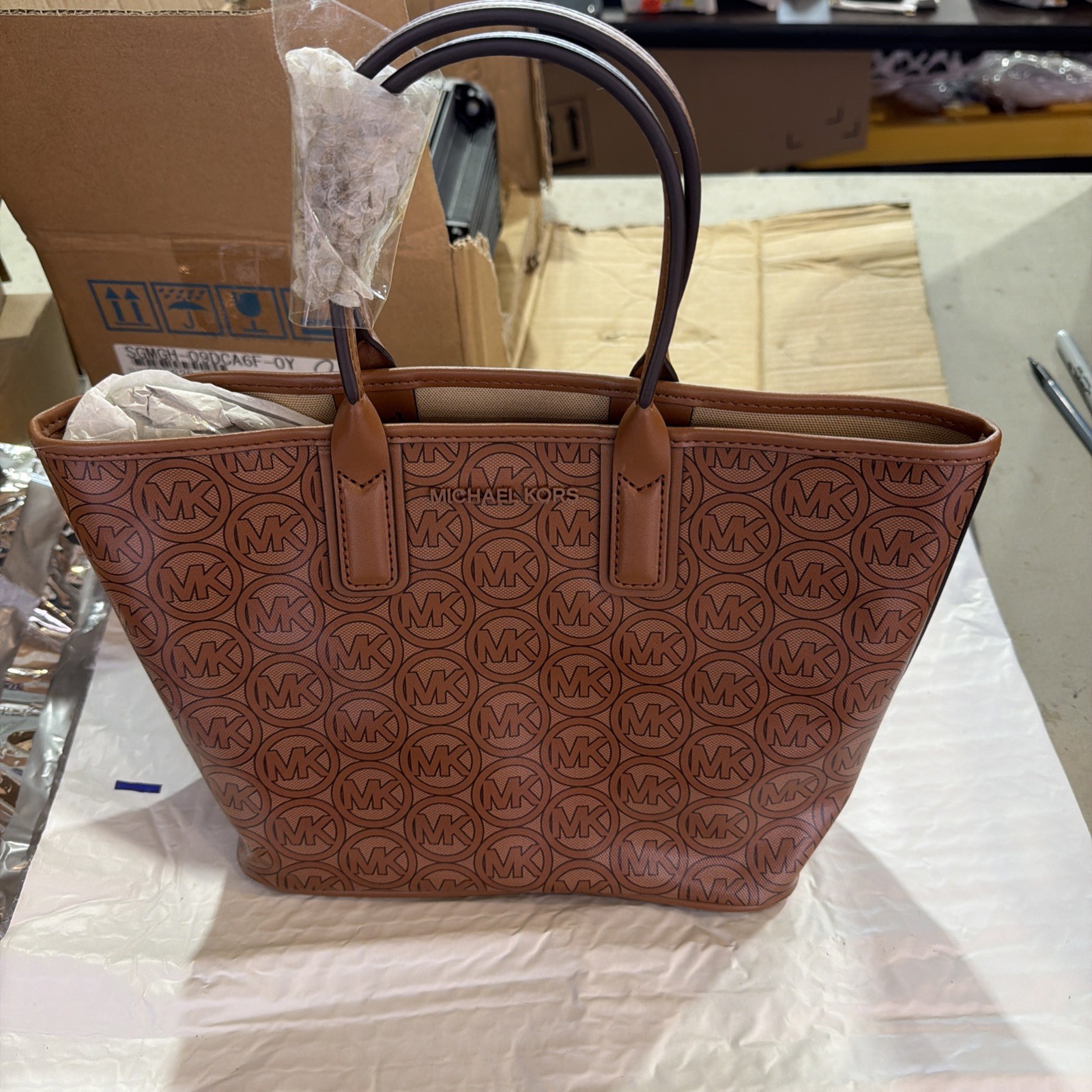 Michael Kors Jodie Small Logo Jacquard Luggage(Brown) Tote Bag 35H1T2JT1C NWT