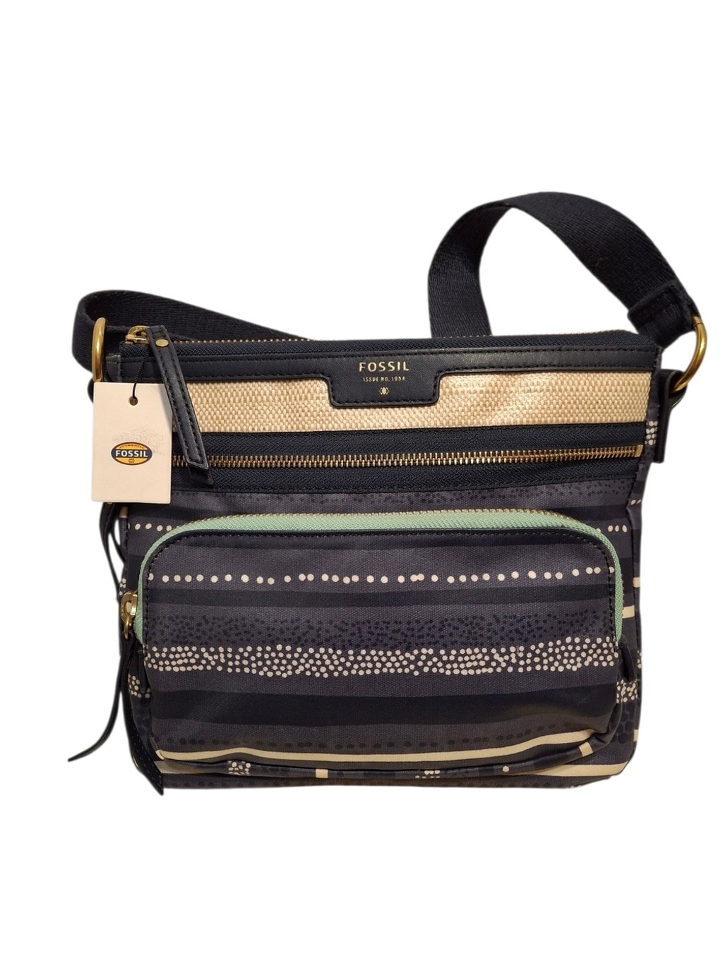 Fossil Blue and Beige Crossbody Bag with Green Accent NWT