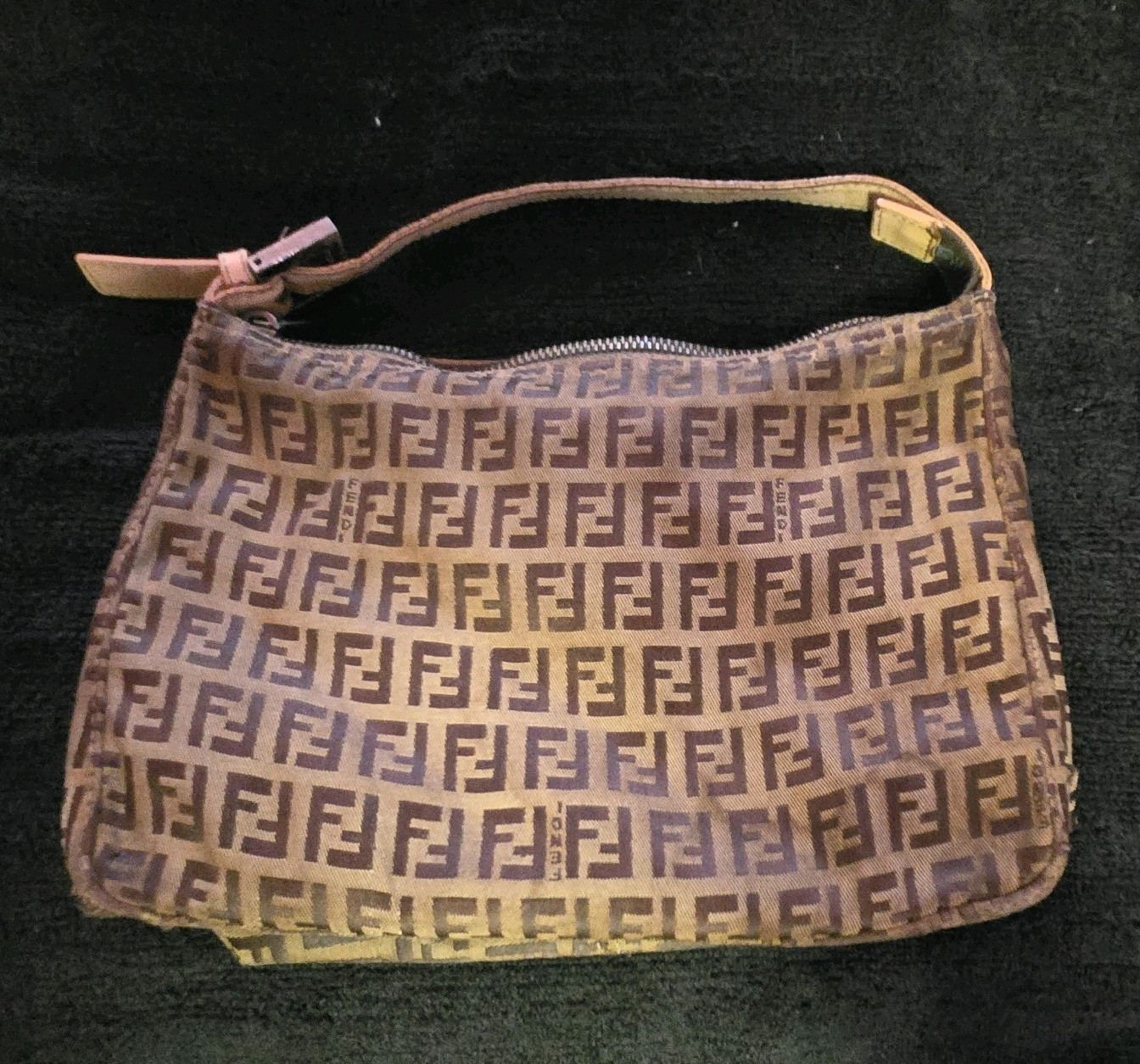 Fendi Brown Zucca Shoulder Bag Zip Top Leather Shoulder Strap Silver Hardware