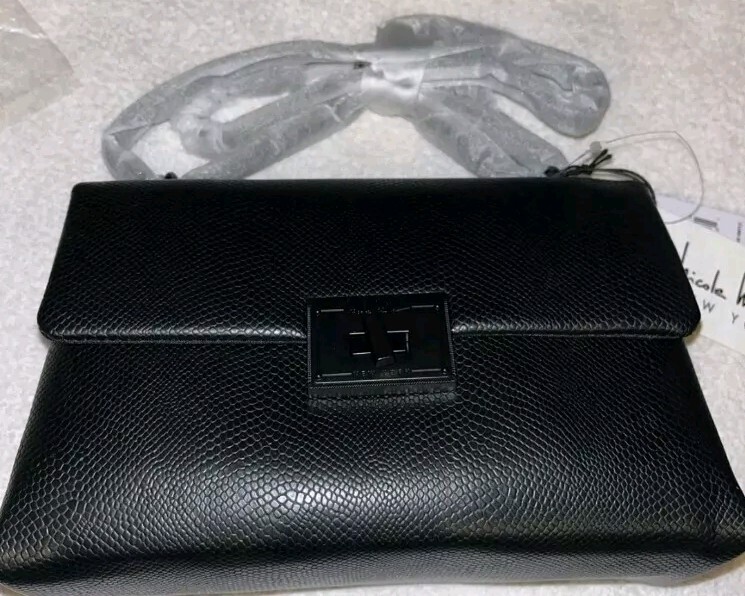 Nicole Miller Reptile Print Black Crossbody Handbag Chain Strap NWT $60 Sealed