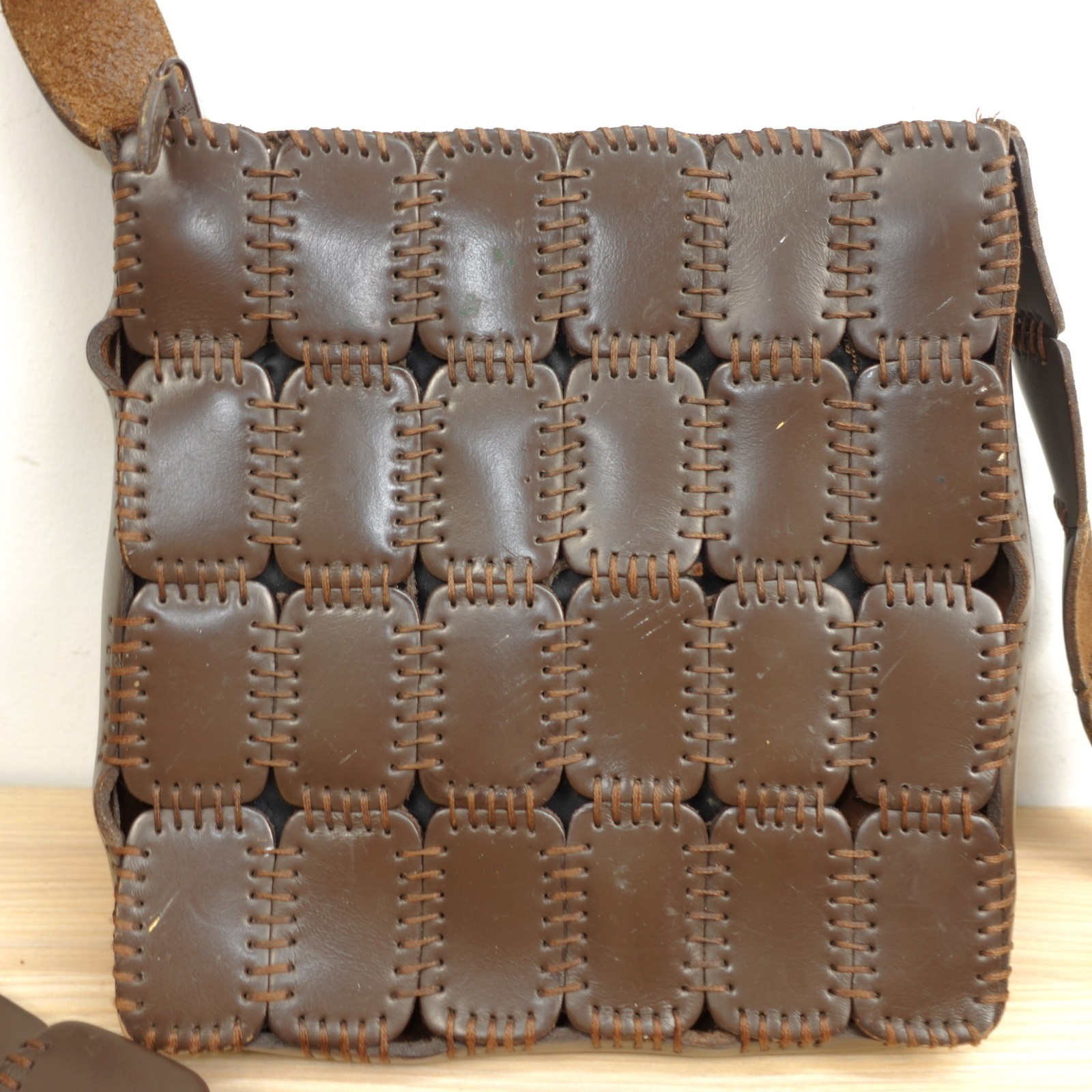 Vintage Real Leather Patchwork Crossbody Bag Brown Boho 70s Hippie JOSEPH B