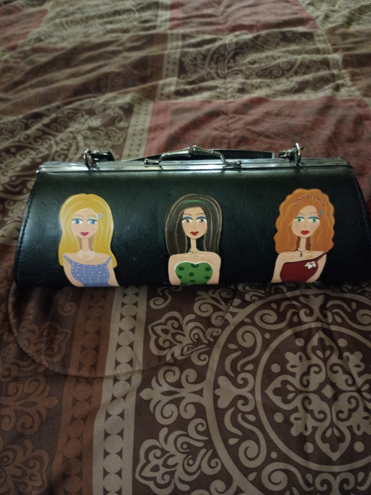 Black Women’s Rectangle Top Handle Bag Graphic Print Art, Painted, Clasp, Lined