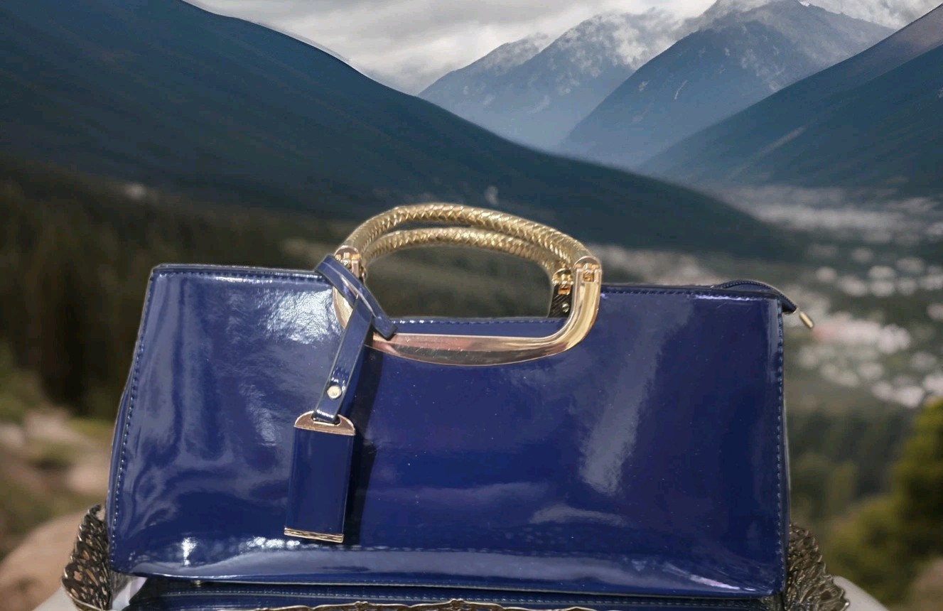 Elegant Patent Leather Bag/Crossbody Purse Glossy Royal Blue Gold Accent PU New