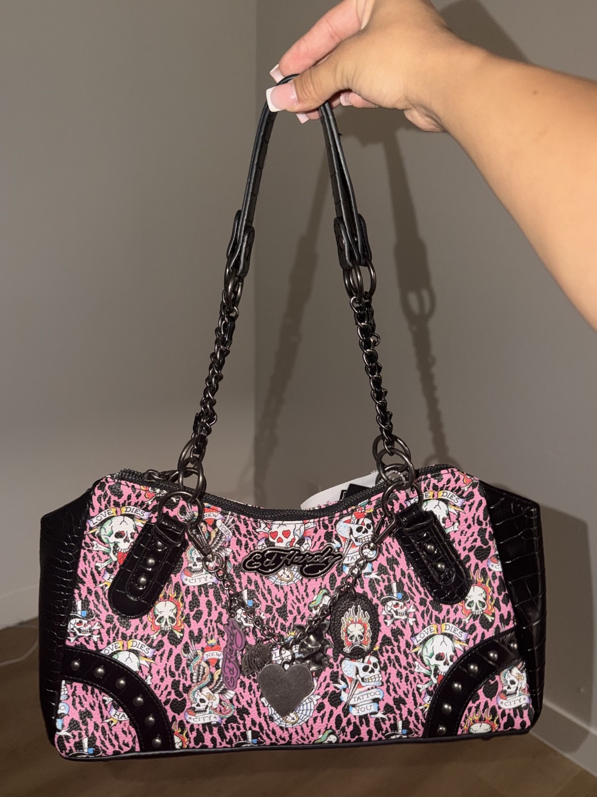 Ed Hardy Pink Black Tattoo Skull Animal Print Studded Chain Strap Zip Bag Charm