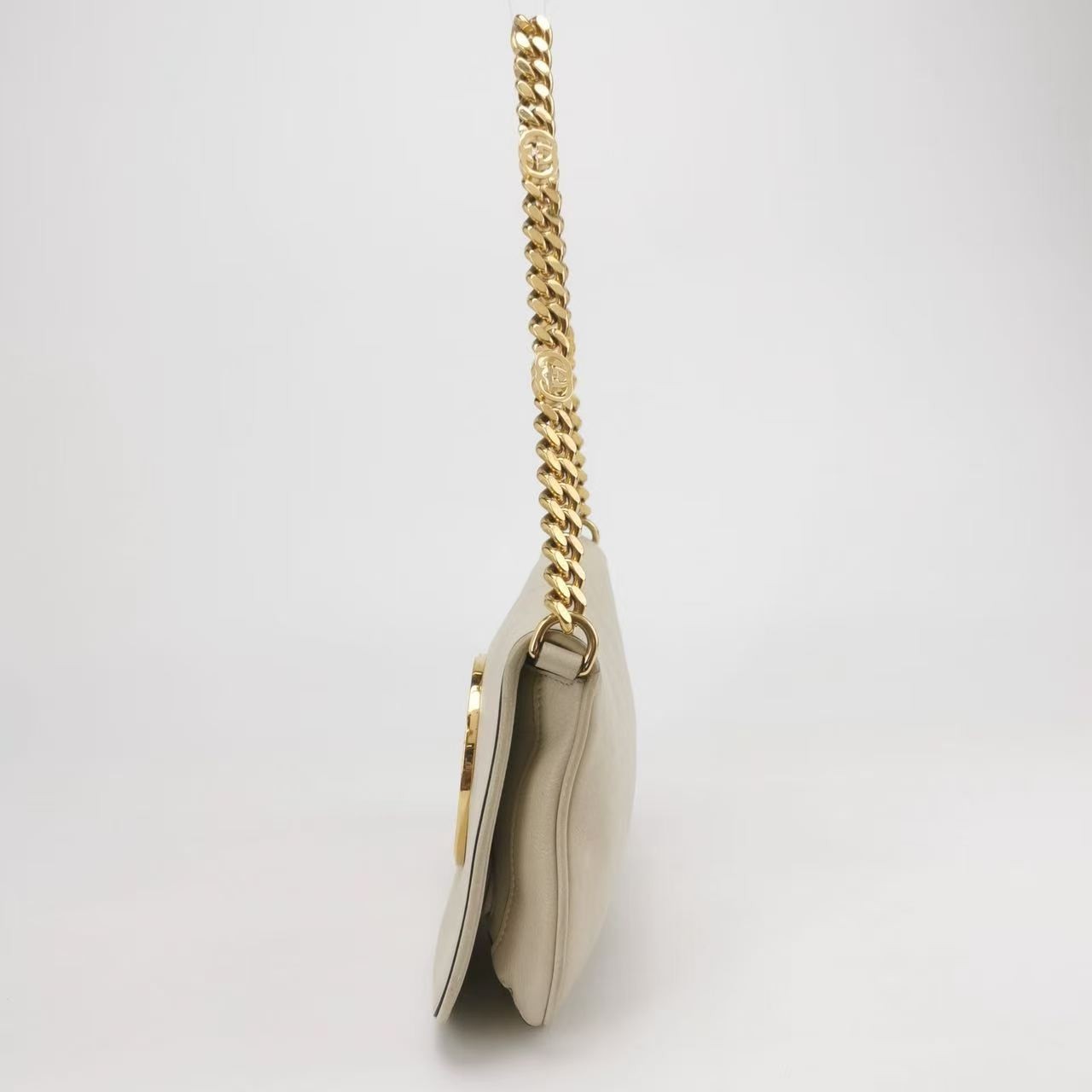 Auth Gucci Blondie Mini White Leather Shoulder Bag 21.5cm GG Logo Chain