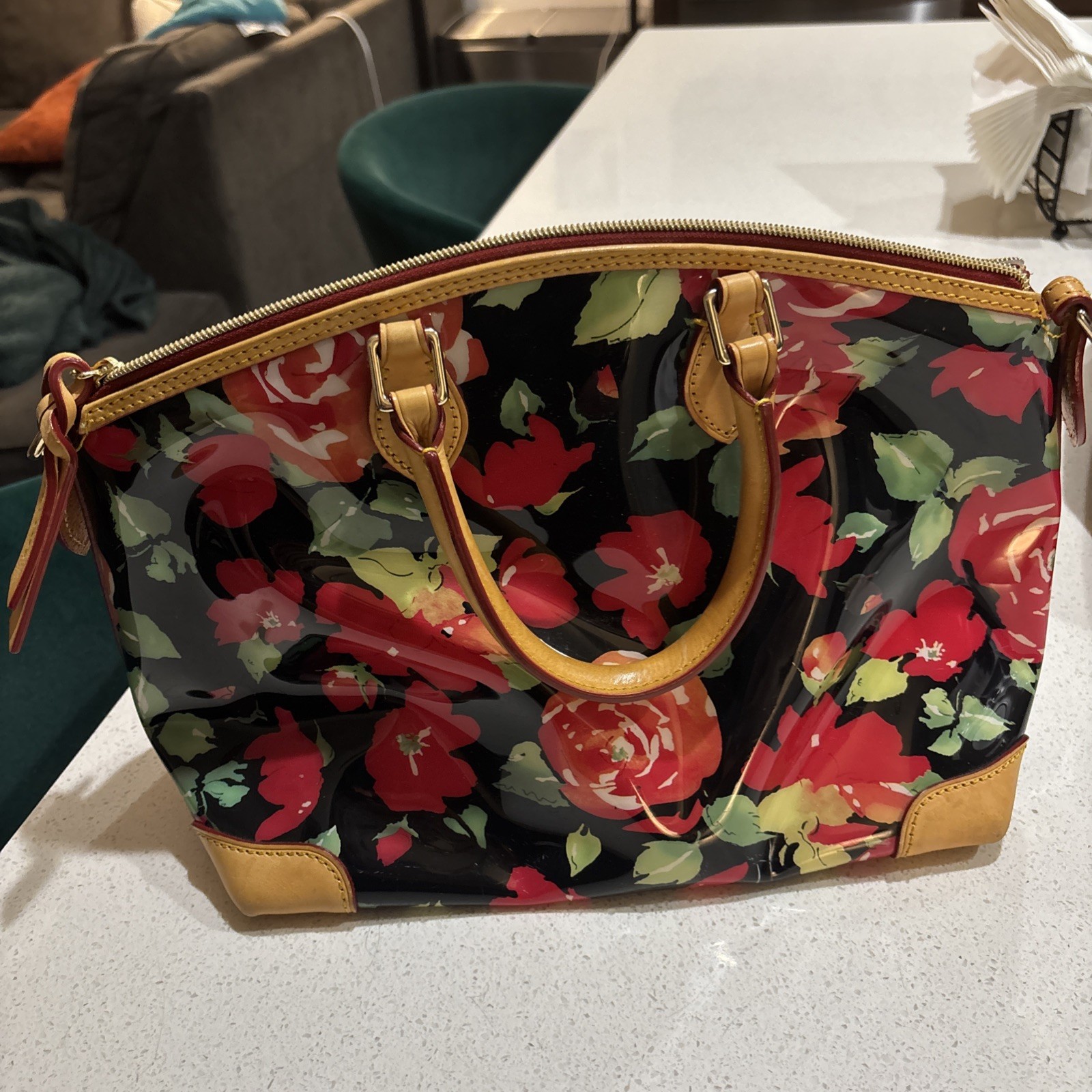 Dooney Bourke Garden Rose Black Red Floral Leather Domed Satchel Purse