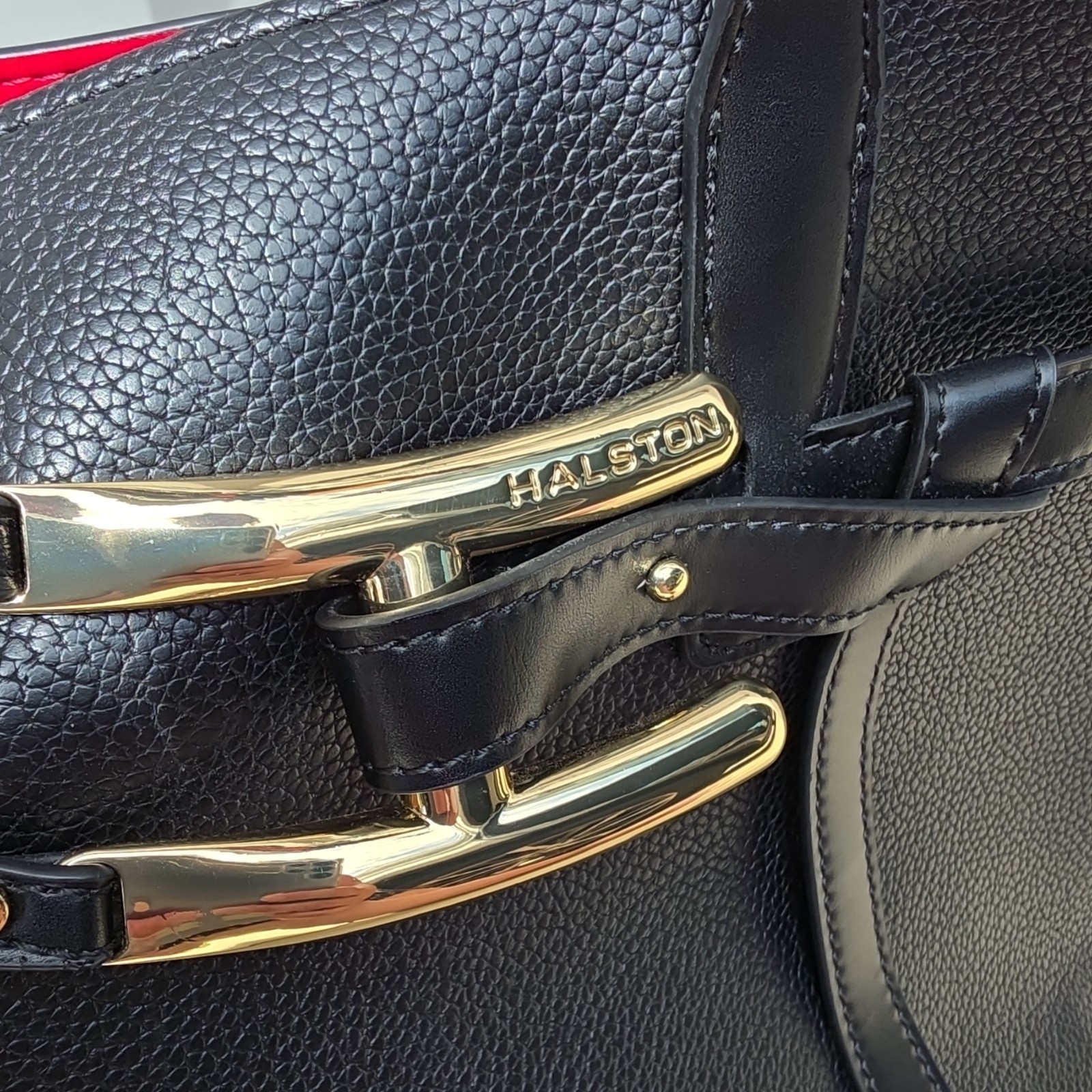 Halston Black Tote Bag Zip Closure Gold Hardware Red Lined Double Handles