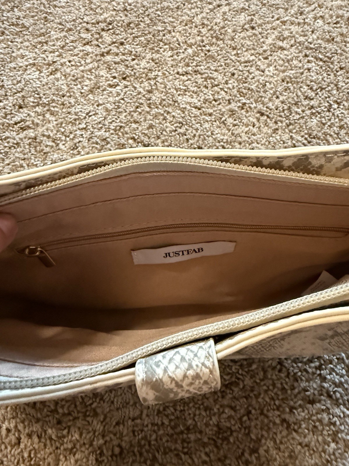 JustFab Beige Snake Print Shoulder Bag Zip Closure Buckle Accent Gold Hardware