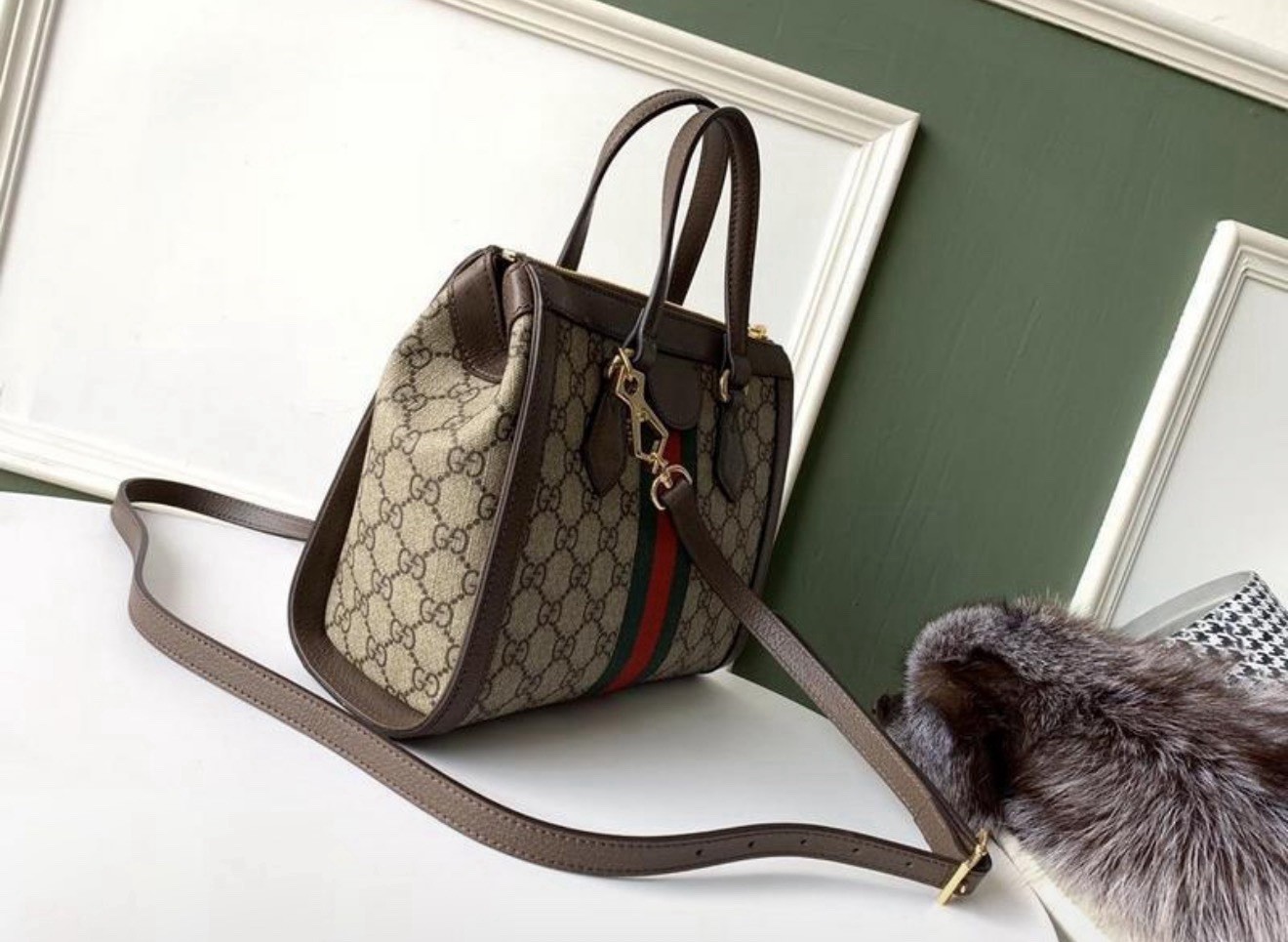 Gucci GG Monogram Web Stripe Satchel Top Handle Crossbody Bag w/Detachable Strap