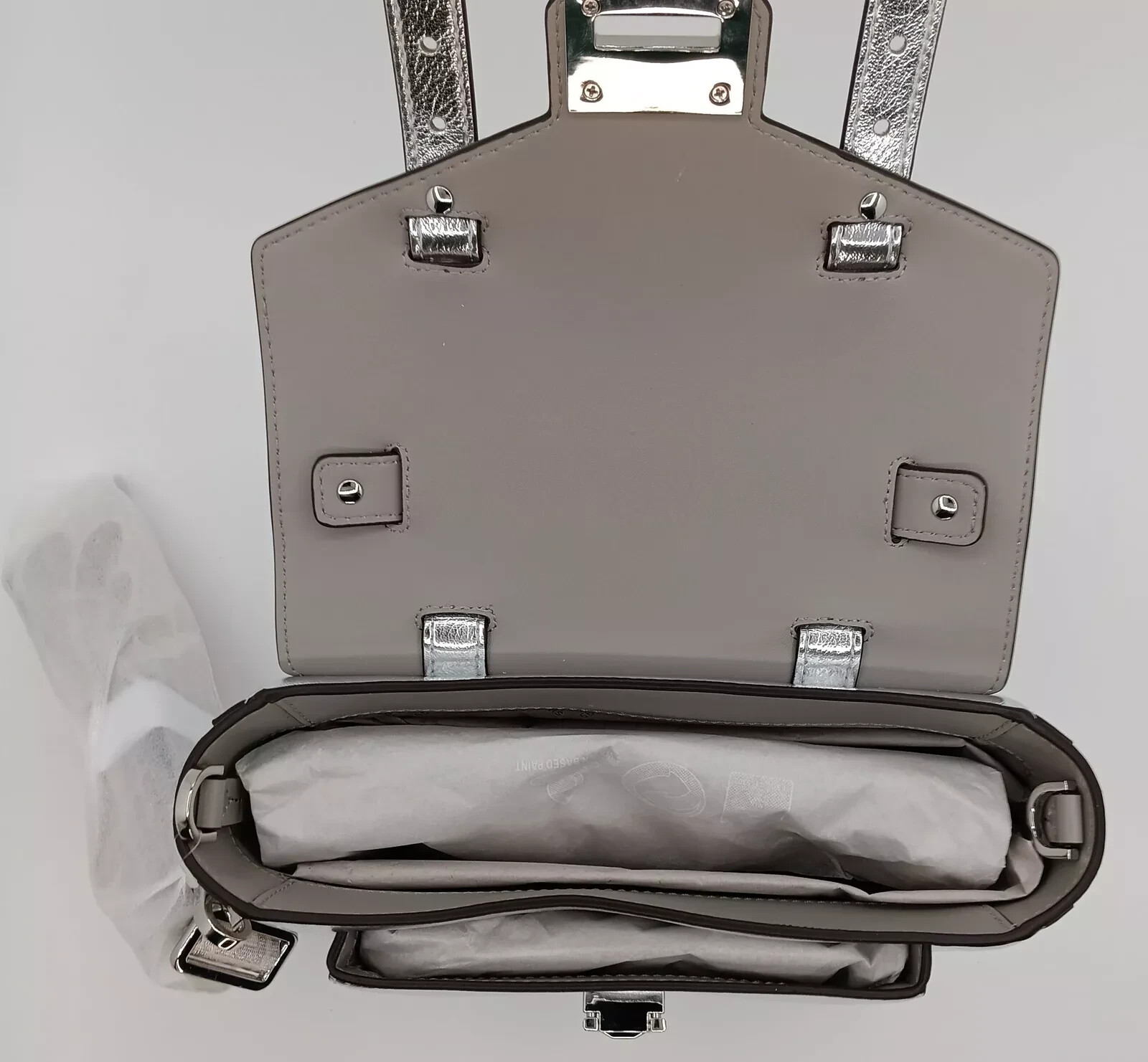 Michael Kors Manhattan Medium Crackled Metallic Leather Satchel Silver NWT