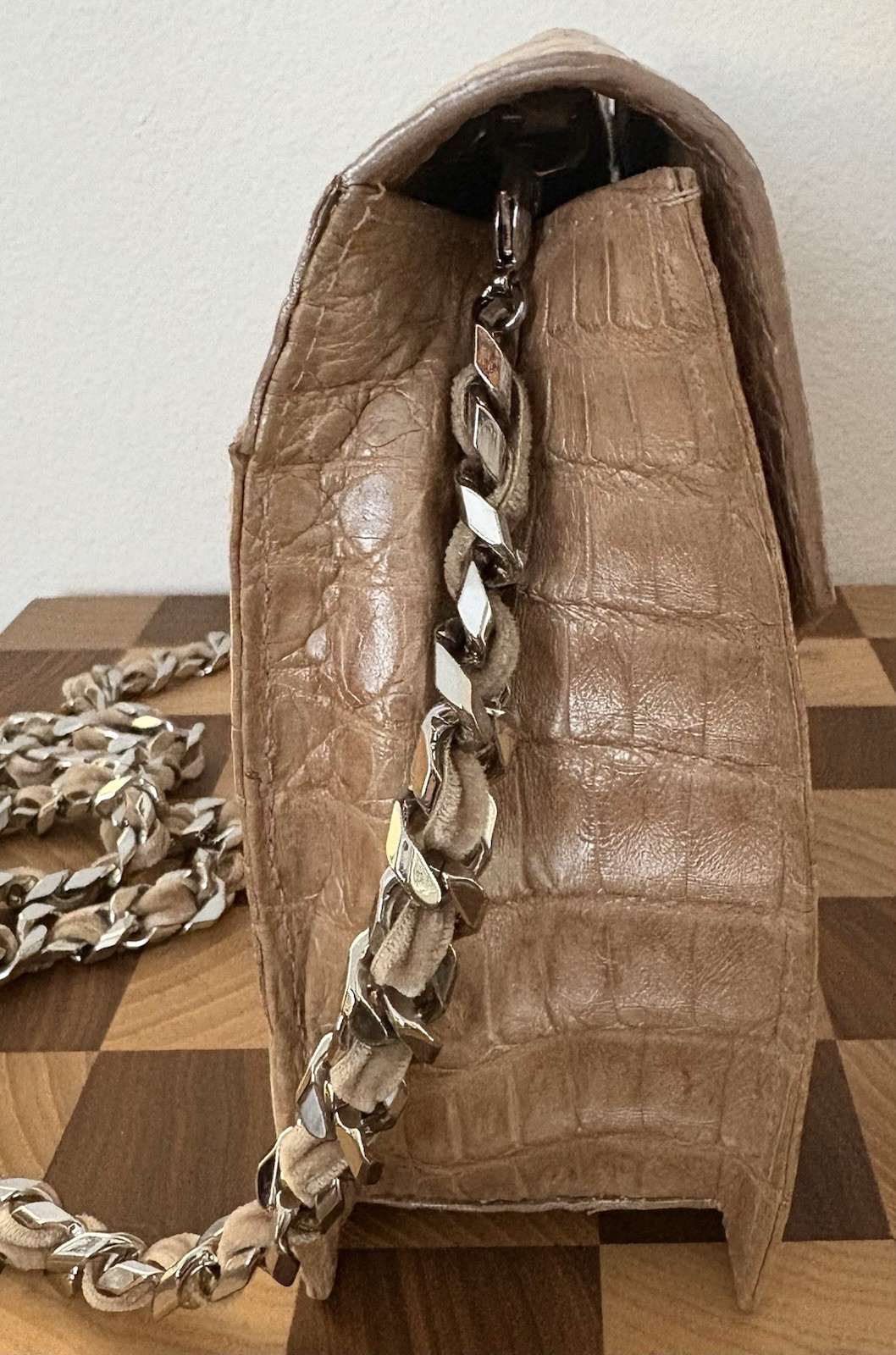 Judith Leiber COUTURE Caiman Croc Chain Handbag Beige Metallic Bag Purse