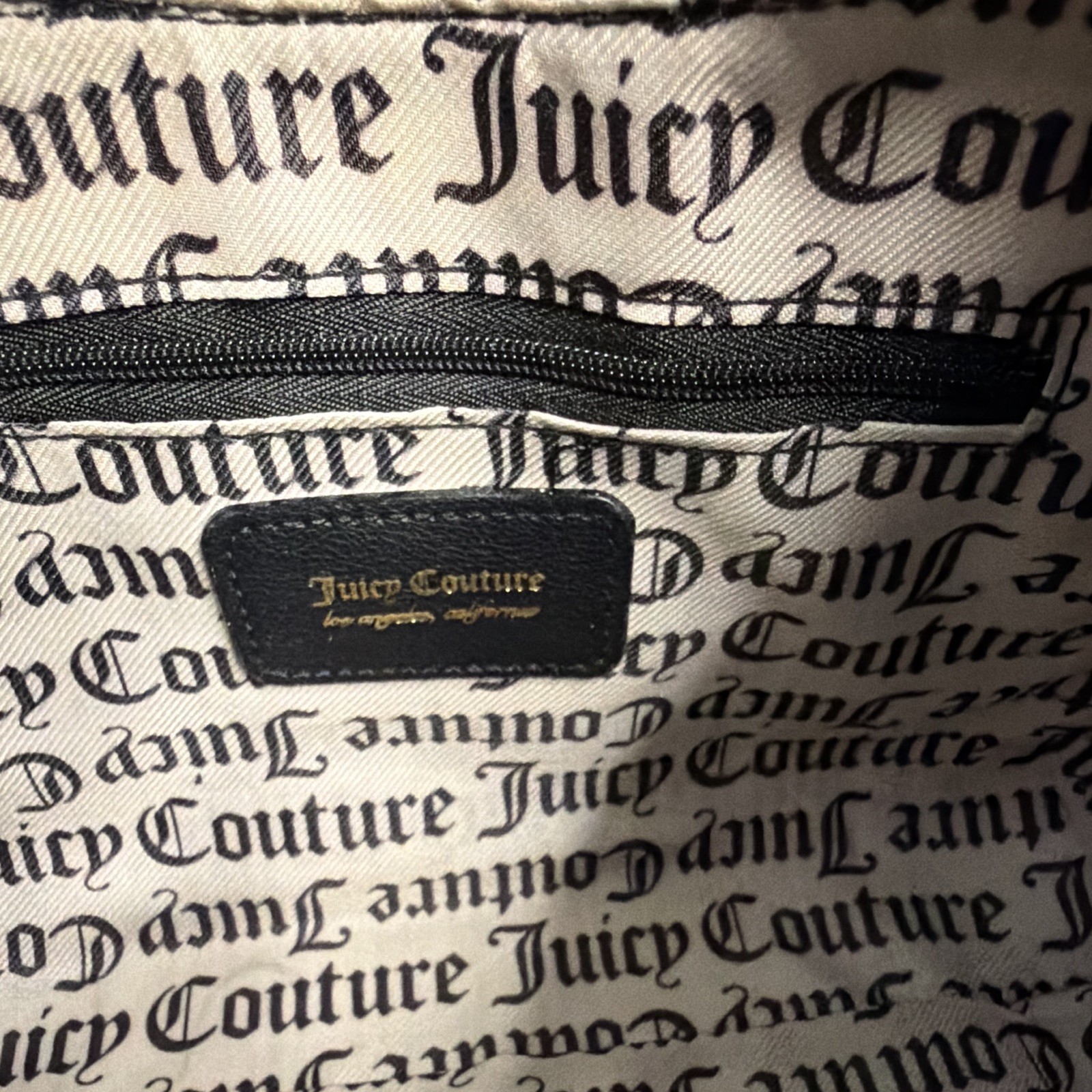 Juicy Couture Black Embossed Logo Shoulder Bag Gold Chain Strap Zip, Lined