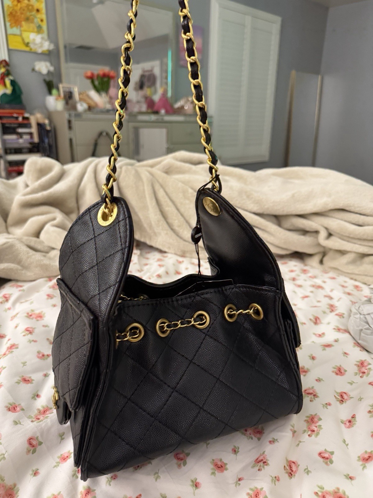 CHANEL 25 Black Quilted Drawstring Shoulder Bag Chain Strap Logo Gold Hardware