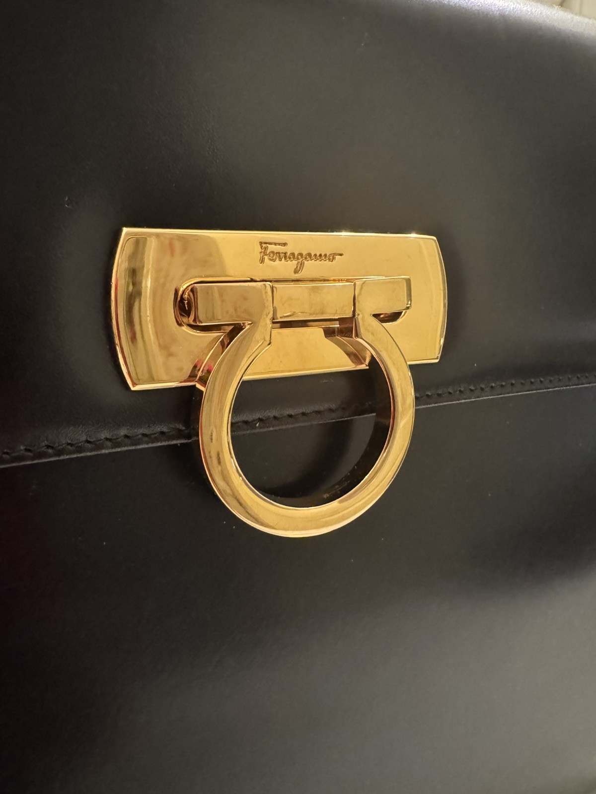 Salvatore Ferragamo Gancini Leather Hand Bag Black Gold Hardware