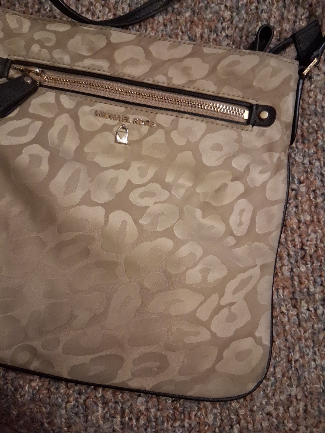 Michael Kors Crossbody Purse Bag Tan Nylon Kelsey Leopard Print Jacquard