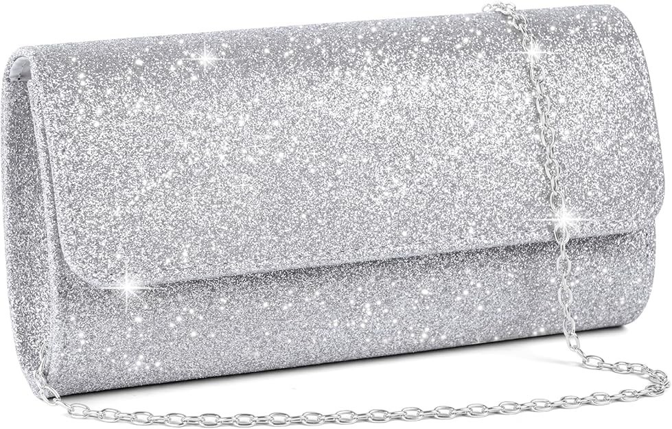 Rhinestone Evening Clutch Purse Silver Sparkling Wedding Party Bag w/ Chain