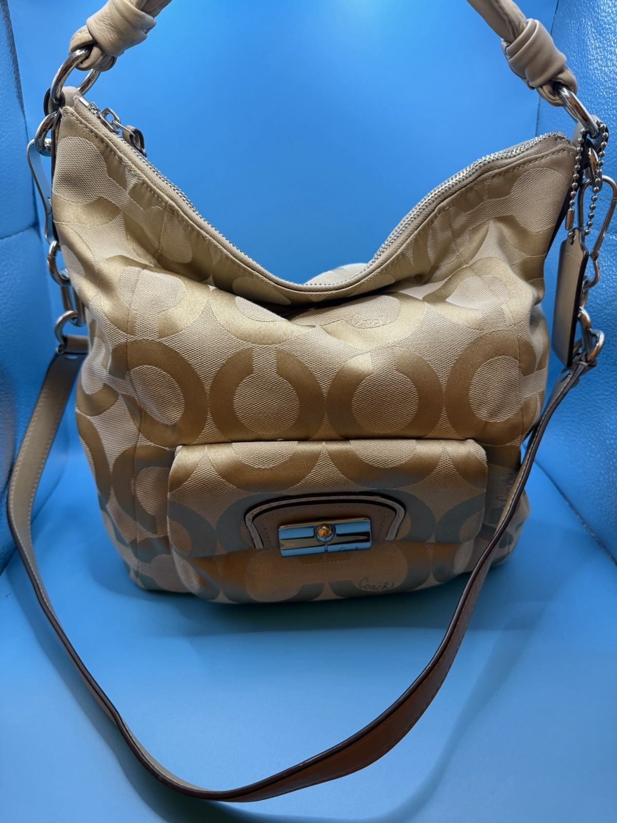 Coach Kristin Nude Tan Op Art Sateen Hobo Bag C Logo | 🇺🇸US Seller