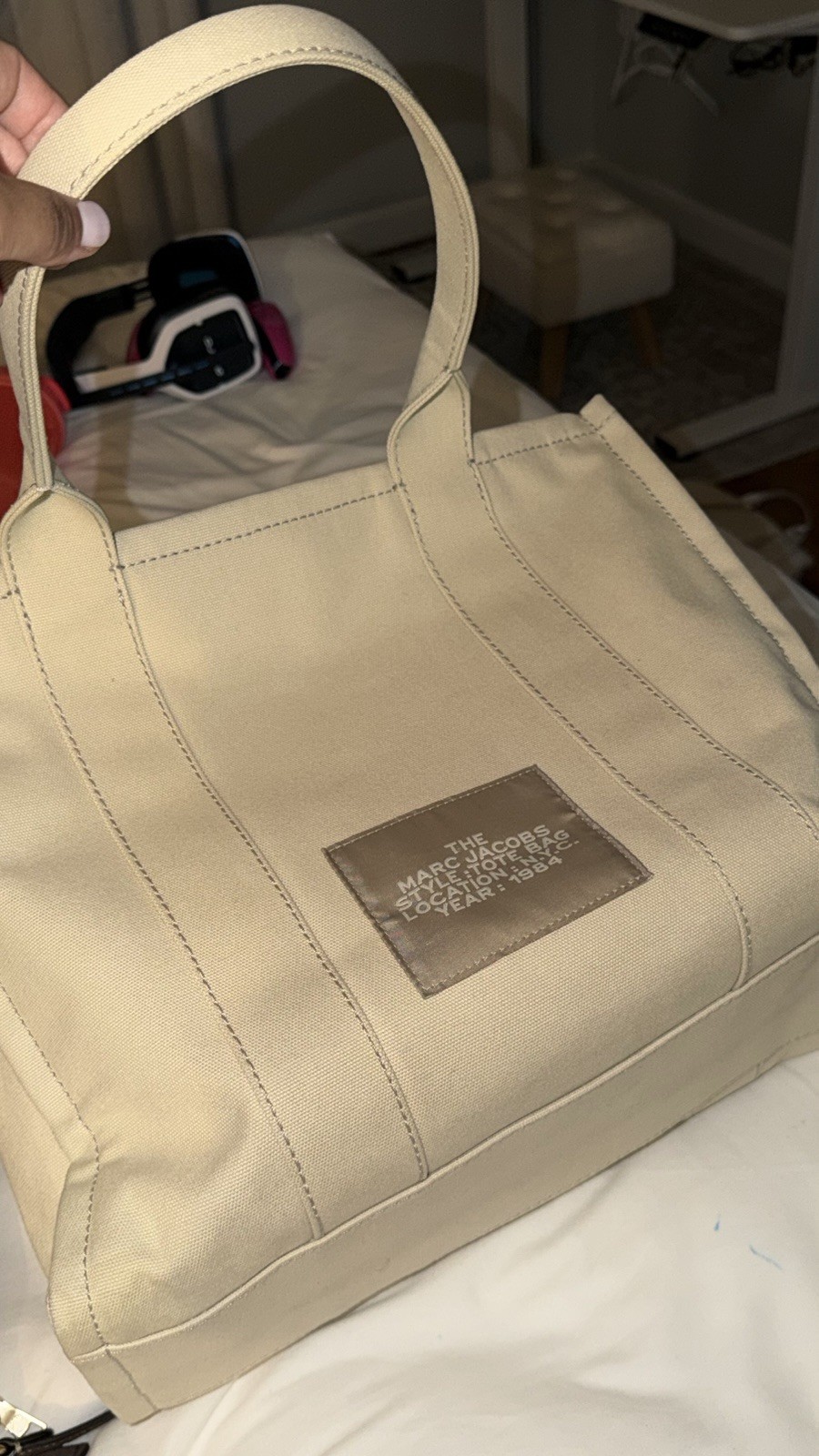Marc Jacobs Beige Logo Tote Bag Large Zip Top w/ Detachable Strap