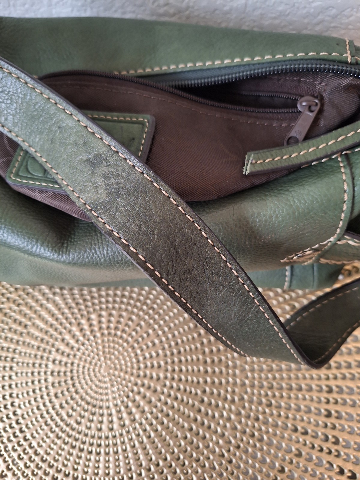 Fossil Green Pebbled Shoulder Bag Zip Top Silver Hardware Brown Lining Buckle