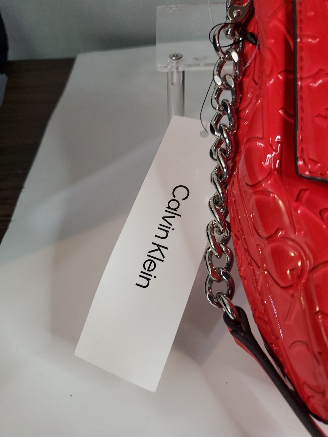 Calvin Klein Red Patent Leather Crossbody Bag Purse Embossed Logo Chain Strap