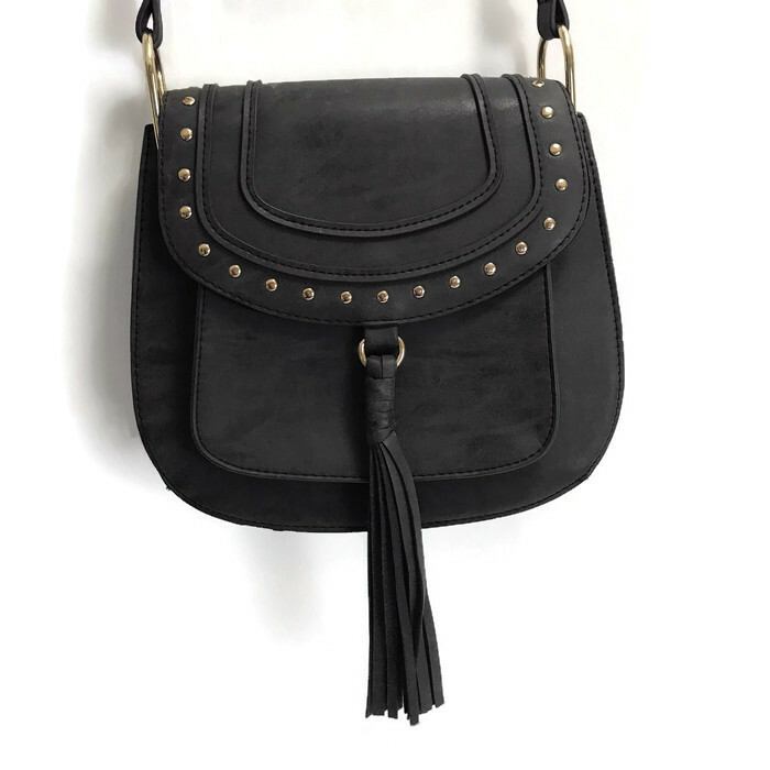 Franco Sarto Purse Gray Tassel Shoulder Back Cross body Gold Studs Pockets Snaps