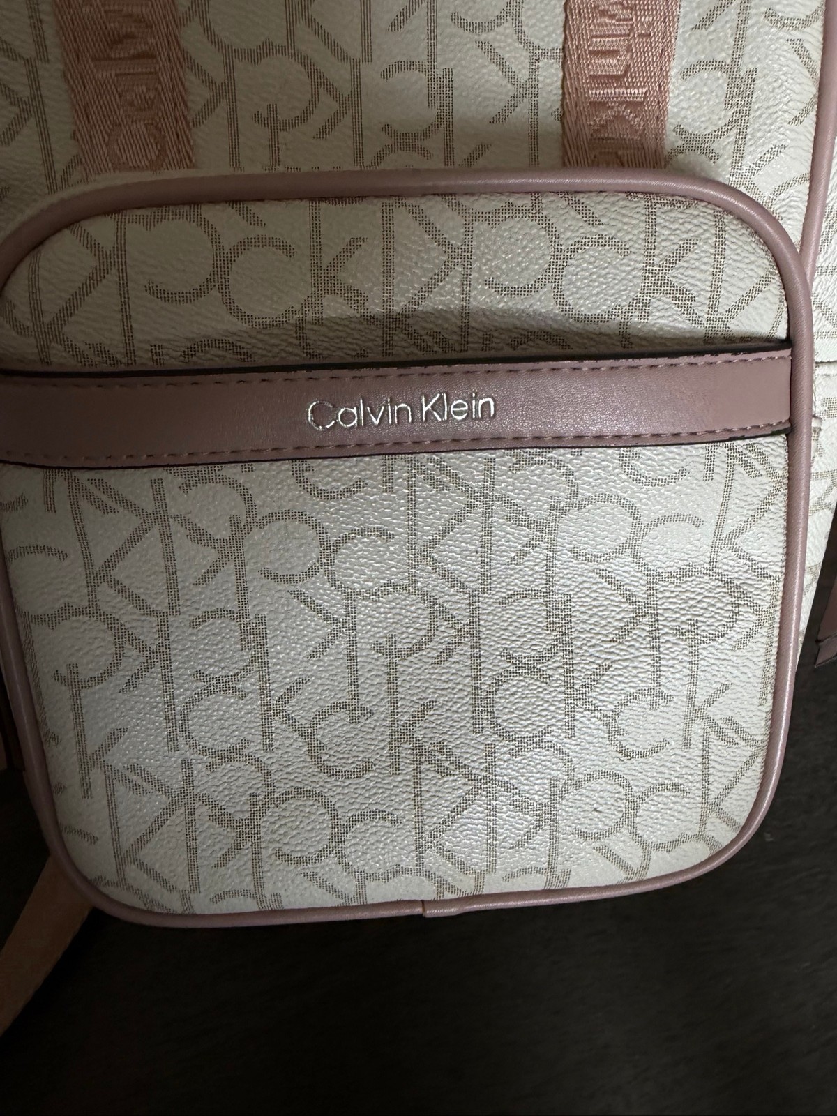 Calvin Klein Beige/Pink Monogram Mini Backpack Top Handle Zip, Adj Strap