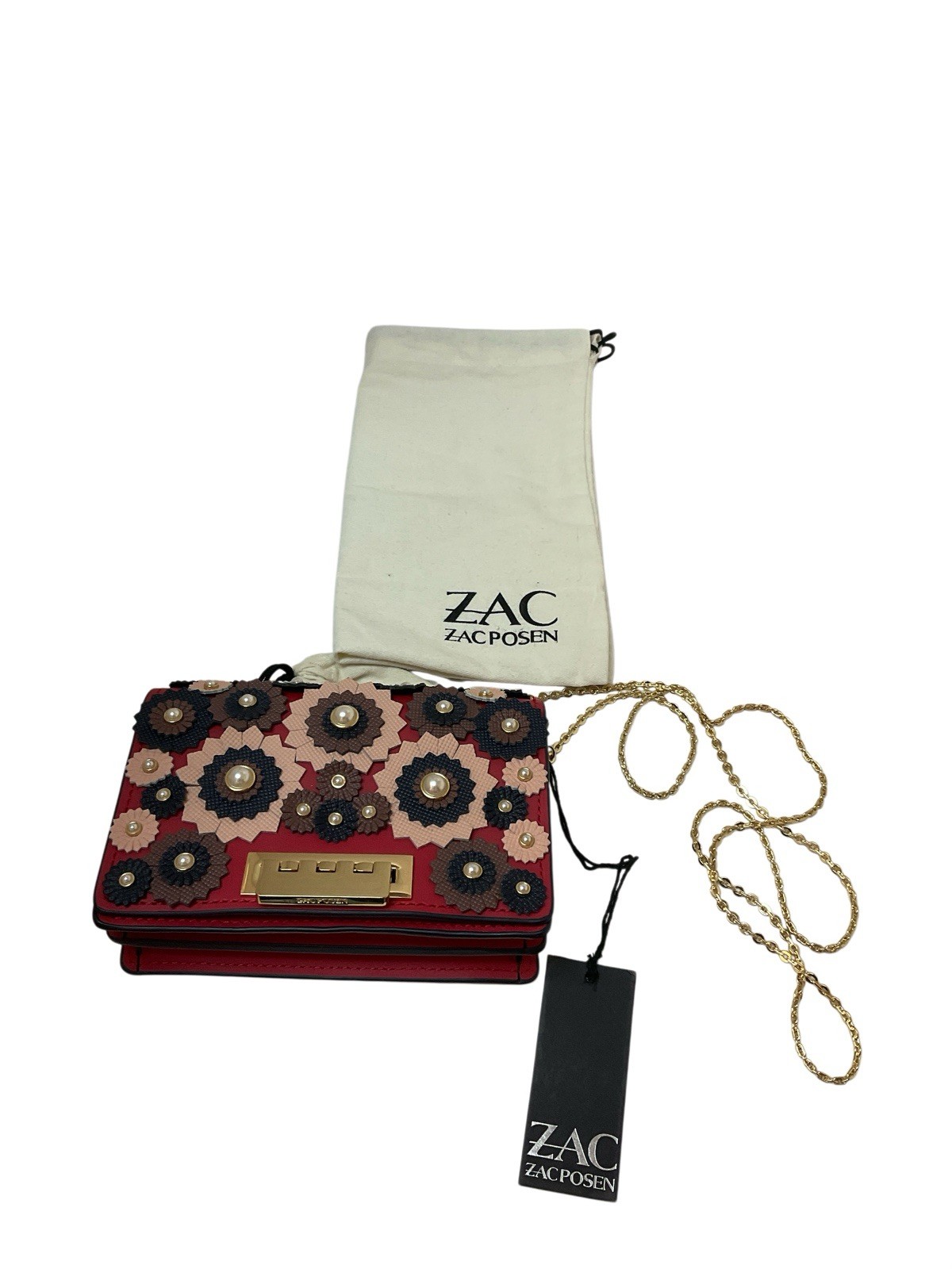Zac Posen Handbag Red With Flowers And Pearls