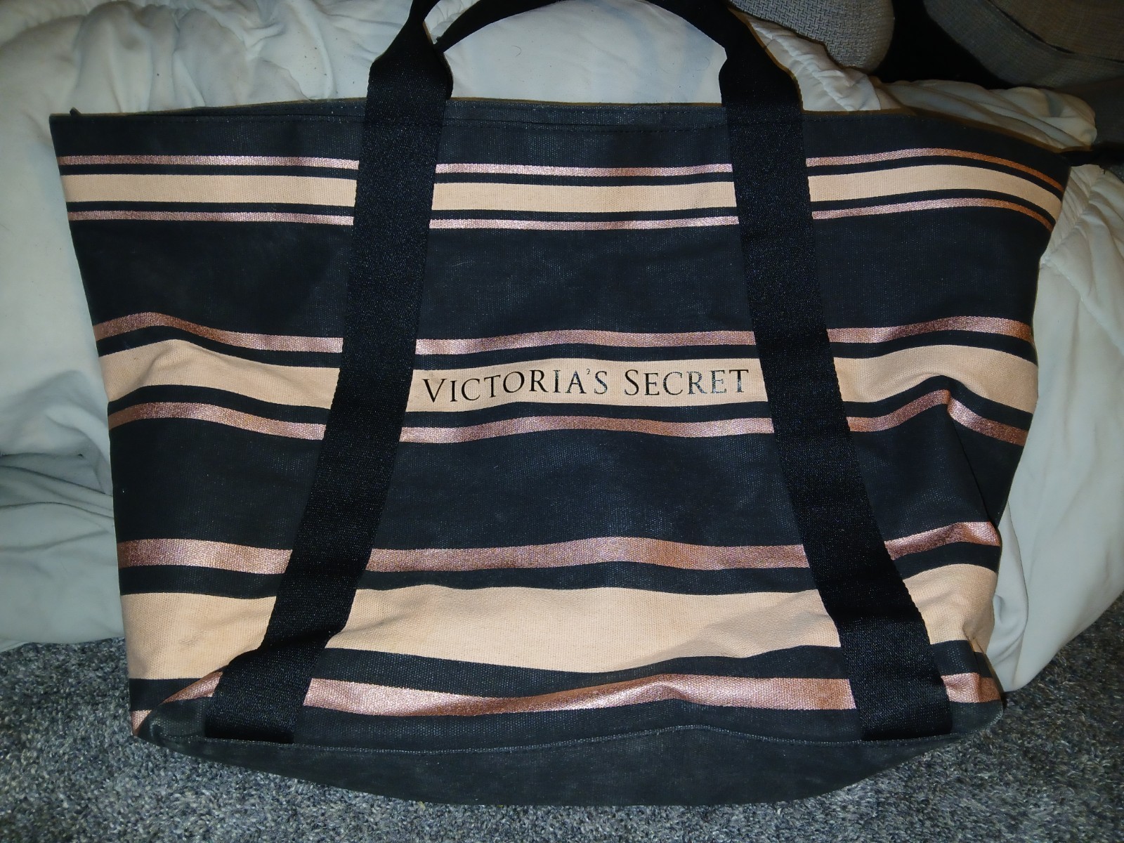 VICTORIA’S SECRET Pink Striped Weekender Canvas Tote beach gym Travel Zip Bag