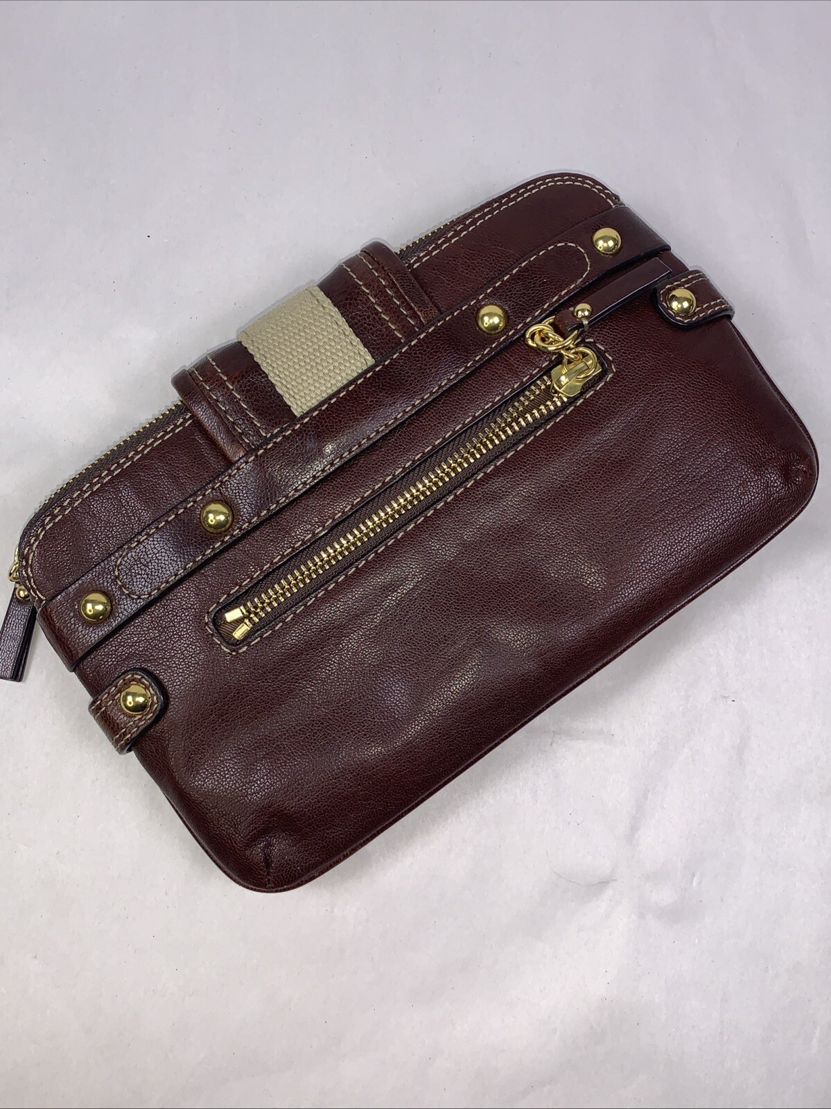 Juicy Couture Patent Leather Brown Clutch Handbag Purse Gold Buckle Stripe Mint