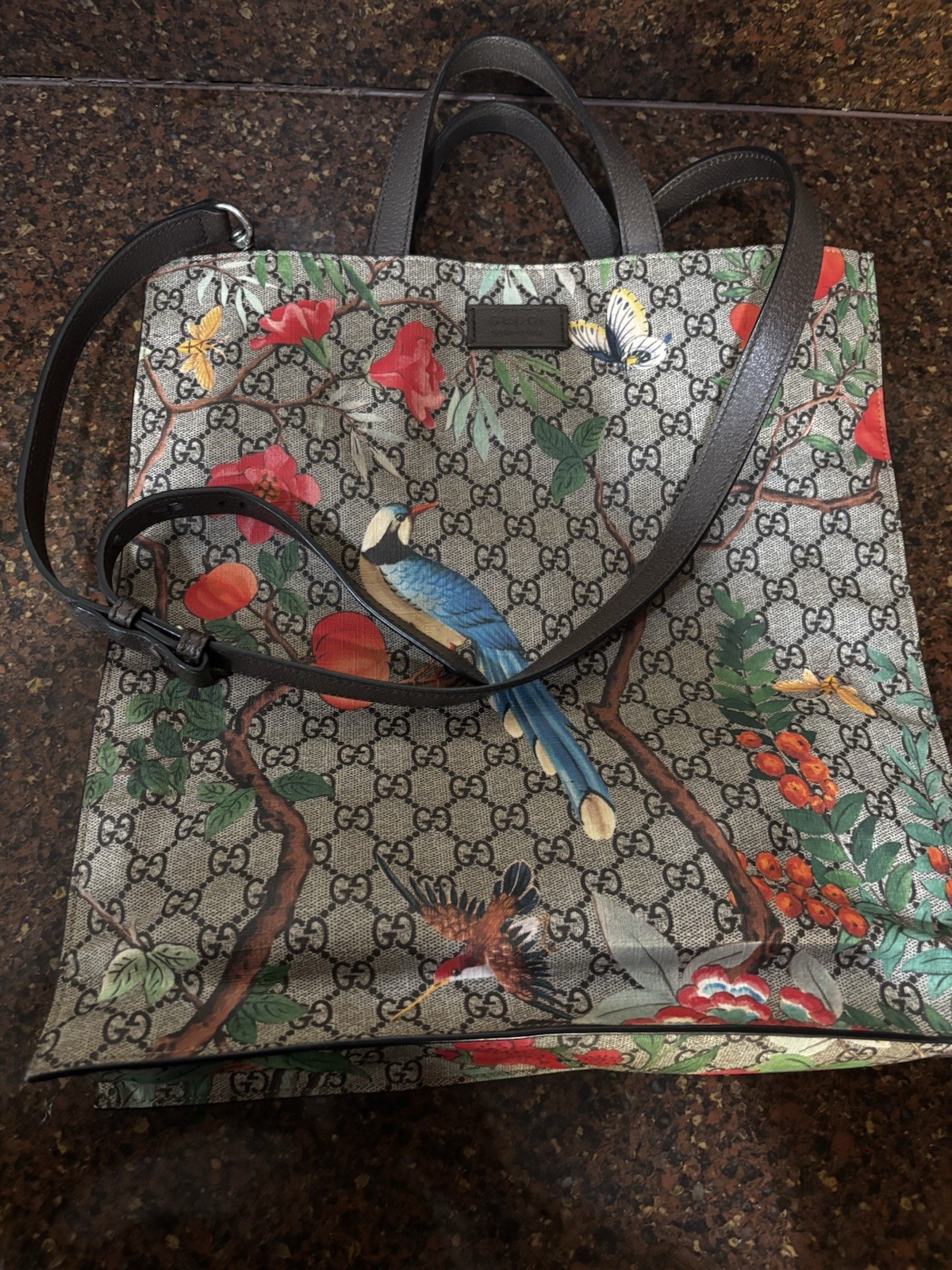 Gucci GG Supreme Floral Bird Print Tote w/ Detachable Adjustable Strap