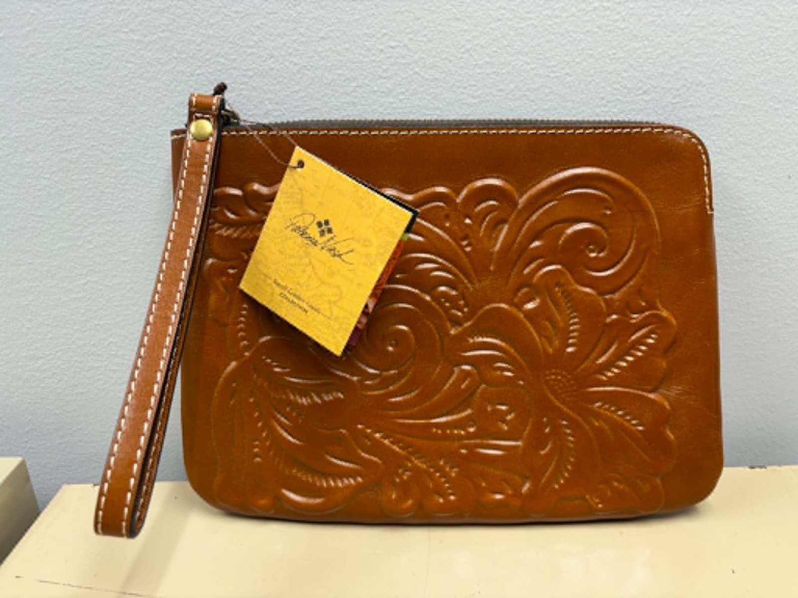 Patricia Nash Cassini Wristlet Tooled Brown Leather Embossed Pouch Bag NWT