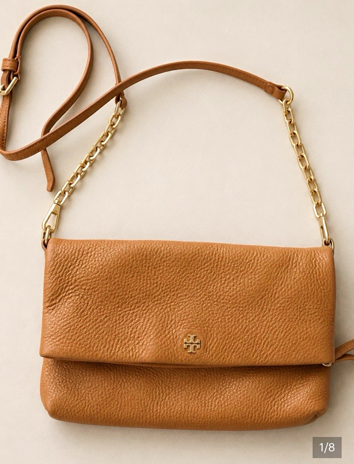 Tory Burch Thea Foldover Crossbody Bag Camel Pebbled Logo Chain Strap