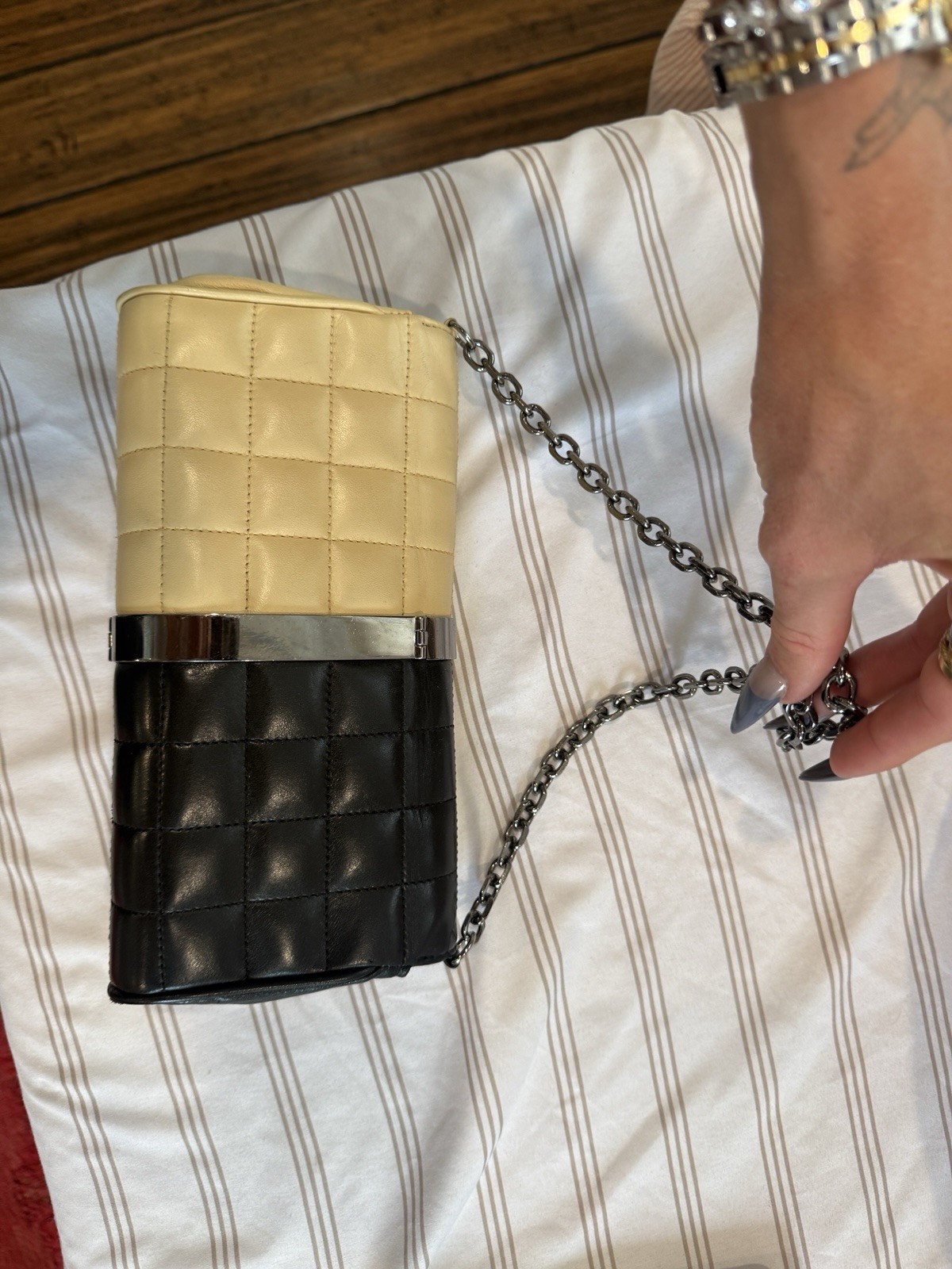 CHANEL Y2K Chcolate Bar Gunmetal CC Turnlock Black and Beige Shoulder Bag RARE