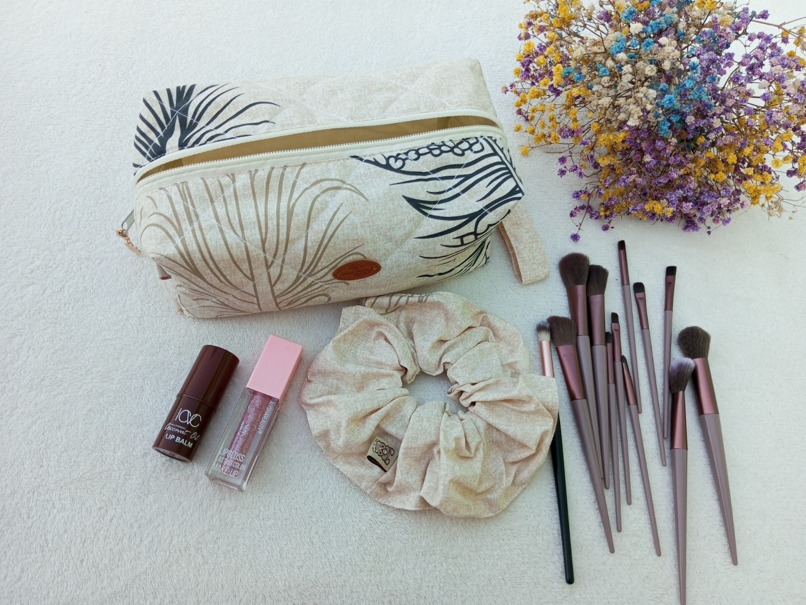 Quilted Makeup Bag Handmade Boho Feather Print Cosmetic Pouch Wrist Strap Size M