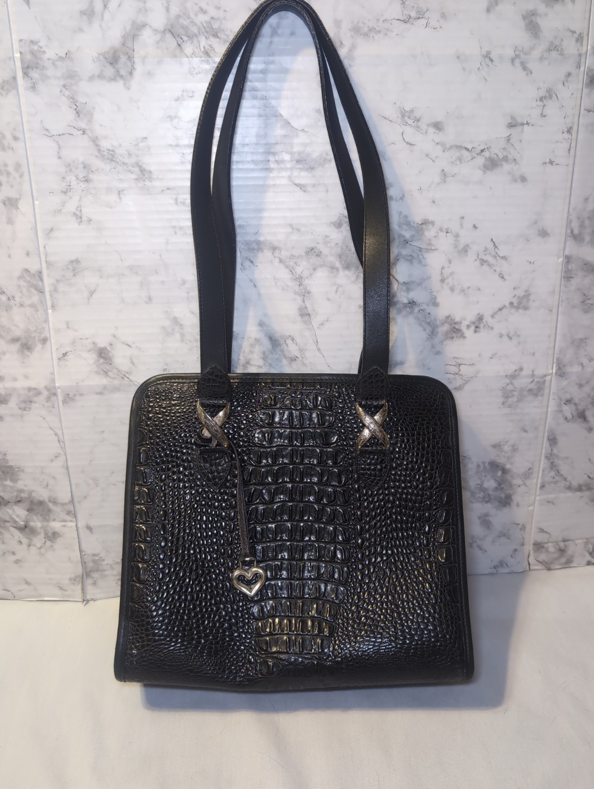 Vintage Brighton Alligator Embossed Black Leather Y2K Shoulder Bag Purse Tote
