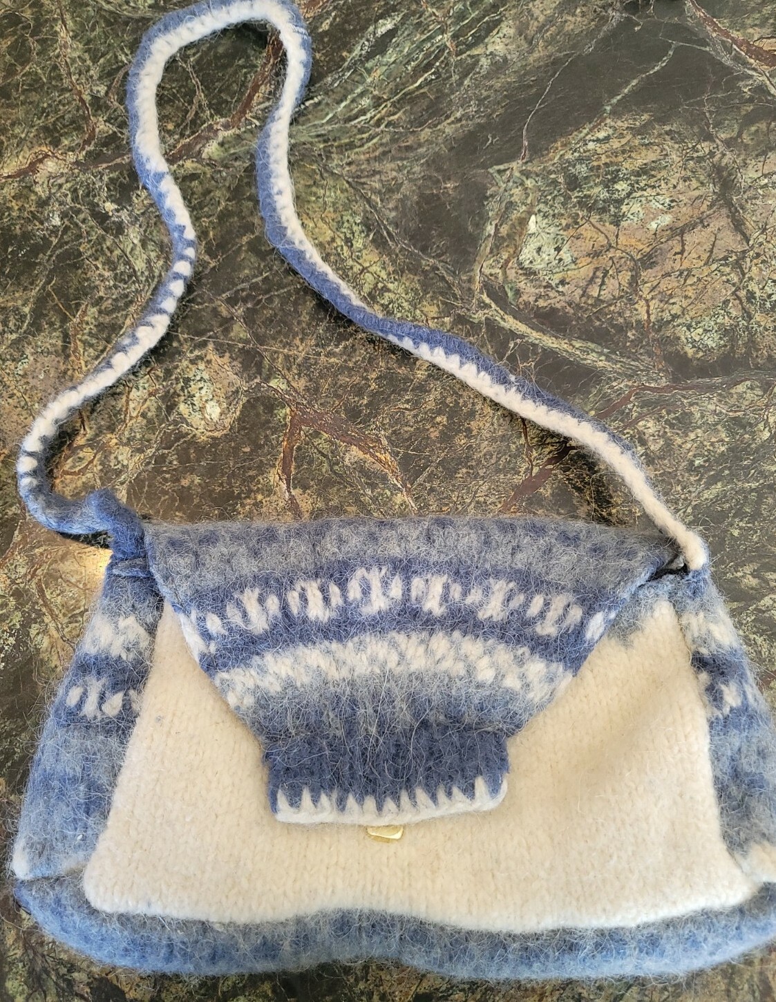 Artisan Hand Knit Wool Handbag Blue/Cream Fairaisle Wool Nordic 14″x8″ Unique☆~