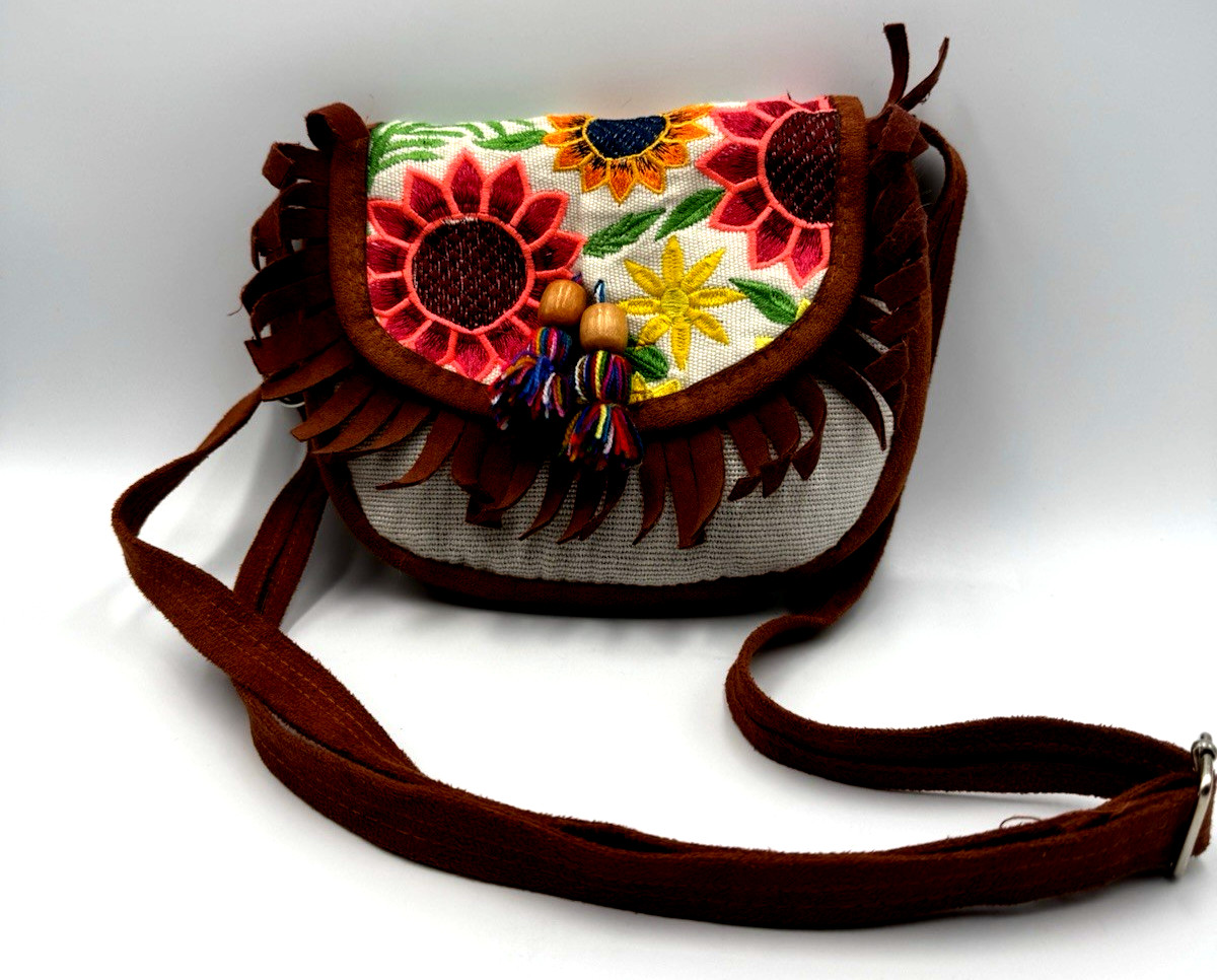 Handmade Mexican Artesanal Embroidered Floral Crossbody Bag with Fringe Trim