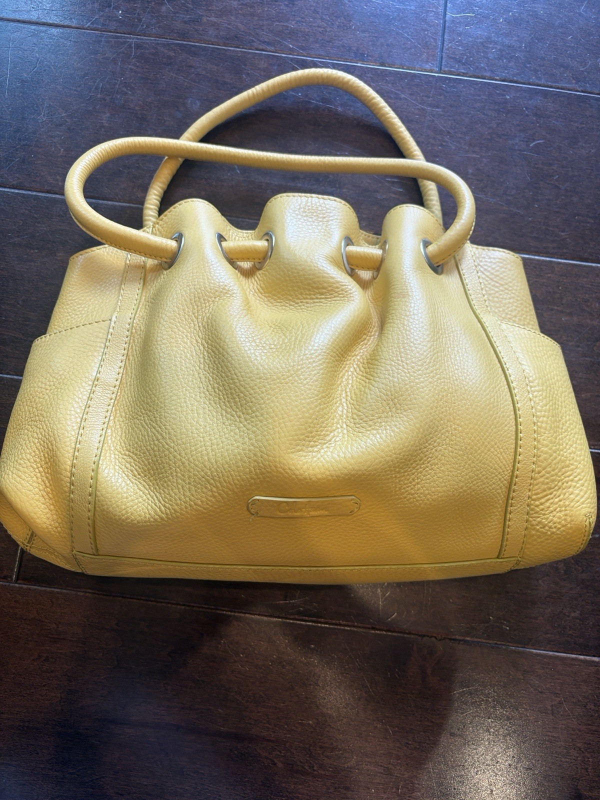 Cole Haan Yellow Pebbled Satchel Top Handle Drawstring, Logo, Lined Pockets