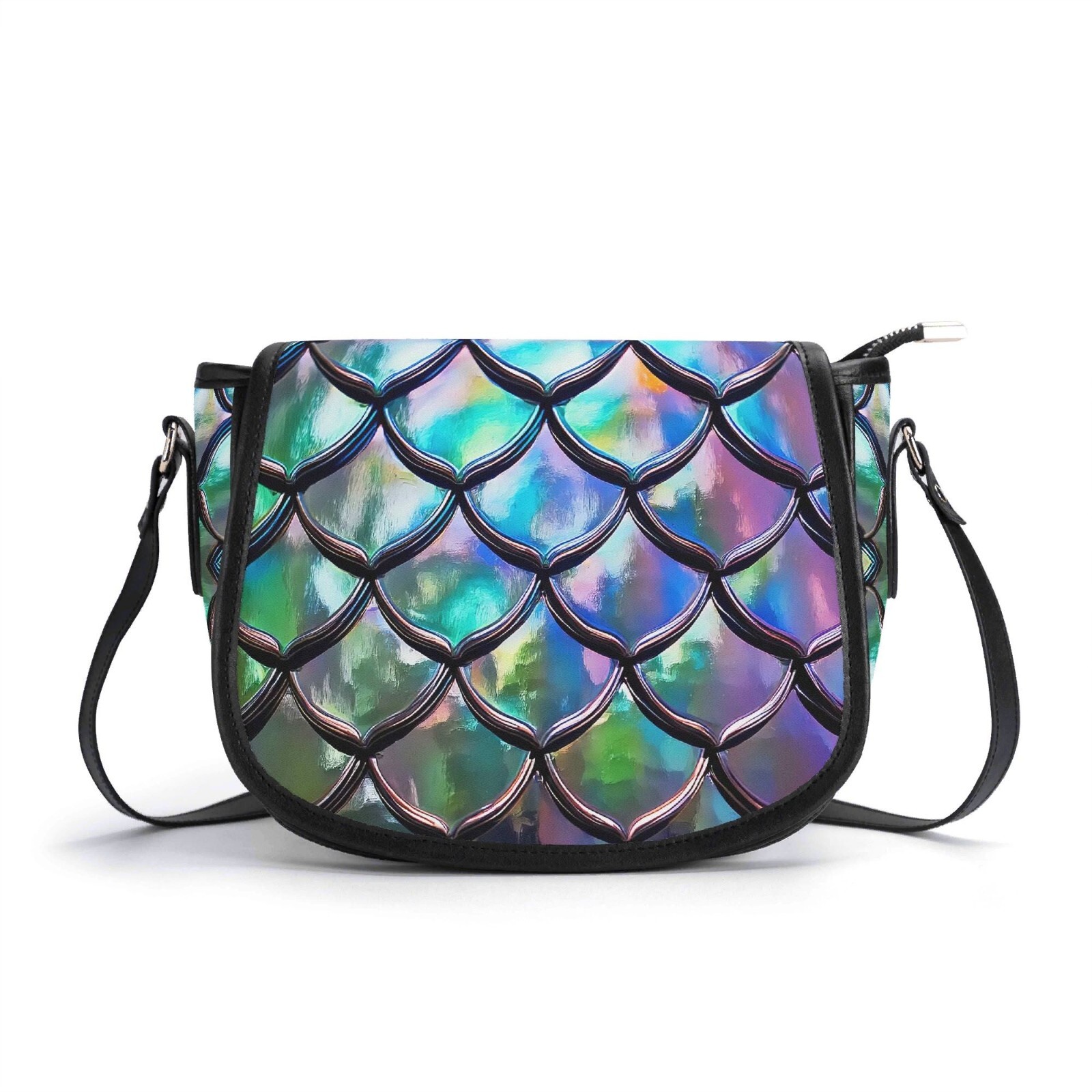 Green Mermaid Scales Genuine Leather Saddle Shoulder Bag Handbag Silver Gift