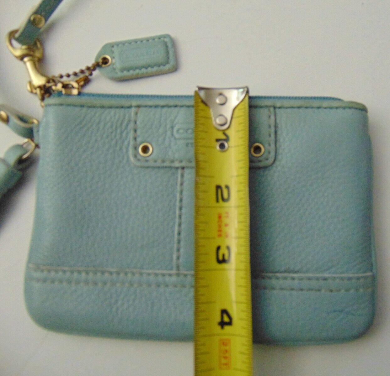 Coach light blue pebble leather 4X6 inch wristlet