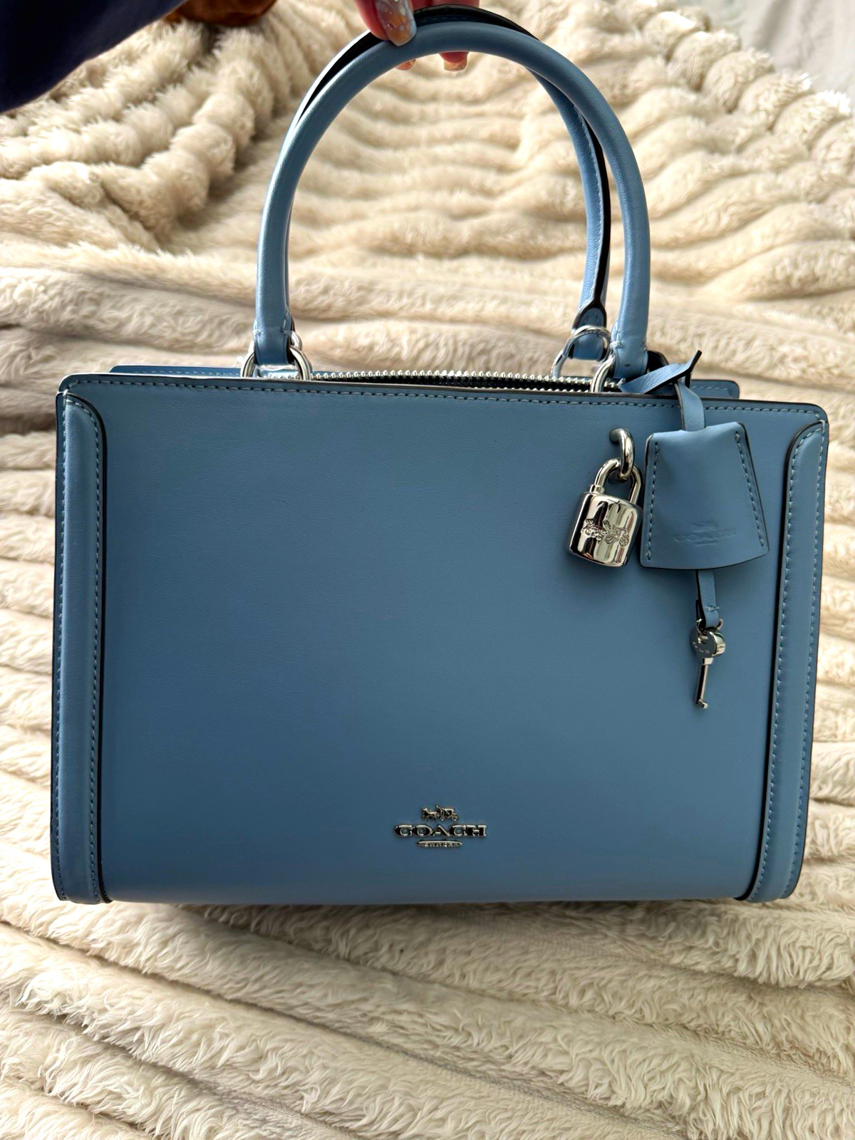 Coach Blue Satchel Top Handle Bag, Zip Closure, Detachable Strap Key