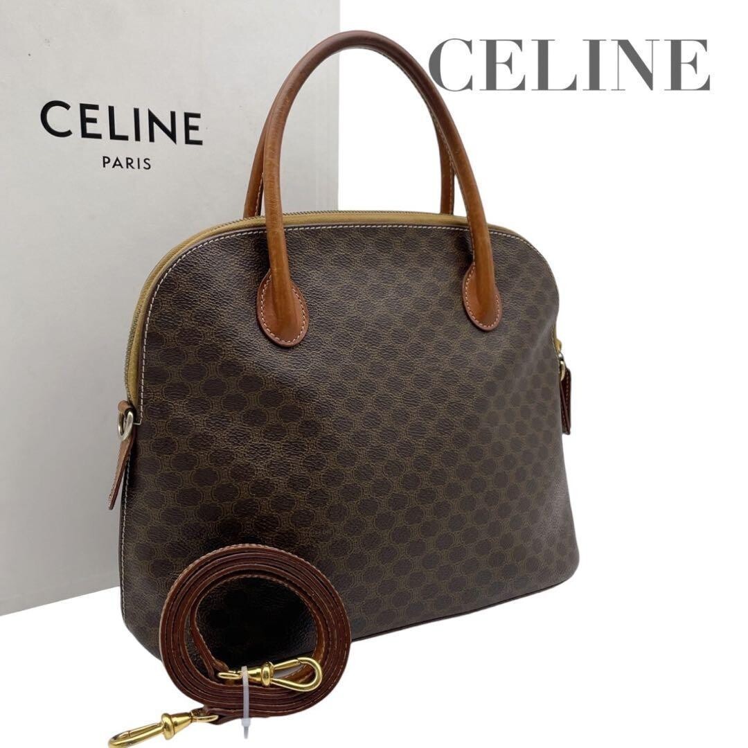 CELINE Macadam Brown PVC 2 Way Handbag Shoulder Bag Gold Hardware Authentic