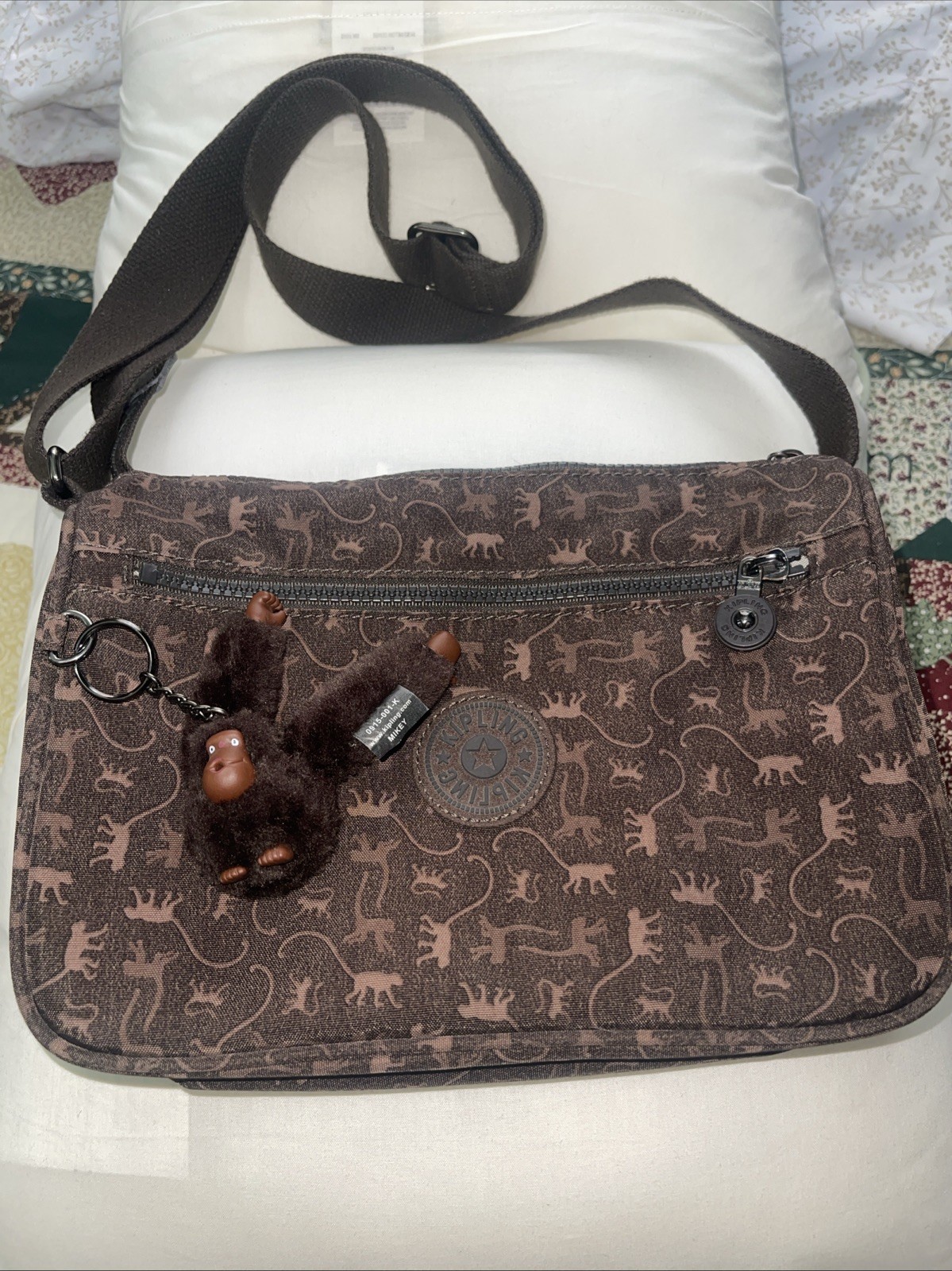 Kipling Callie Crossbody Bag brown Tonal Nylon Shoulder Purse Monkey Keyring