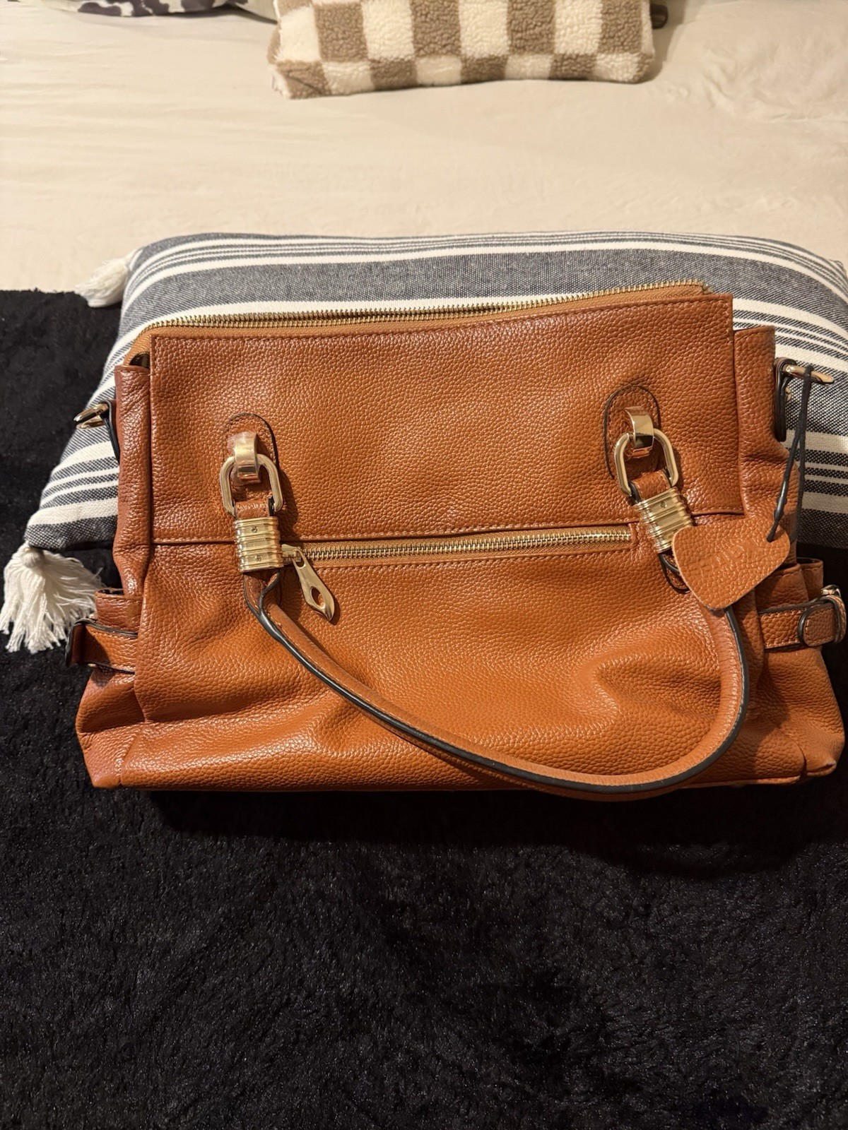 Lucca Brown Pebbled Zip-Top Satchel Top Handle Medium Gold Hardware Pockets