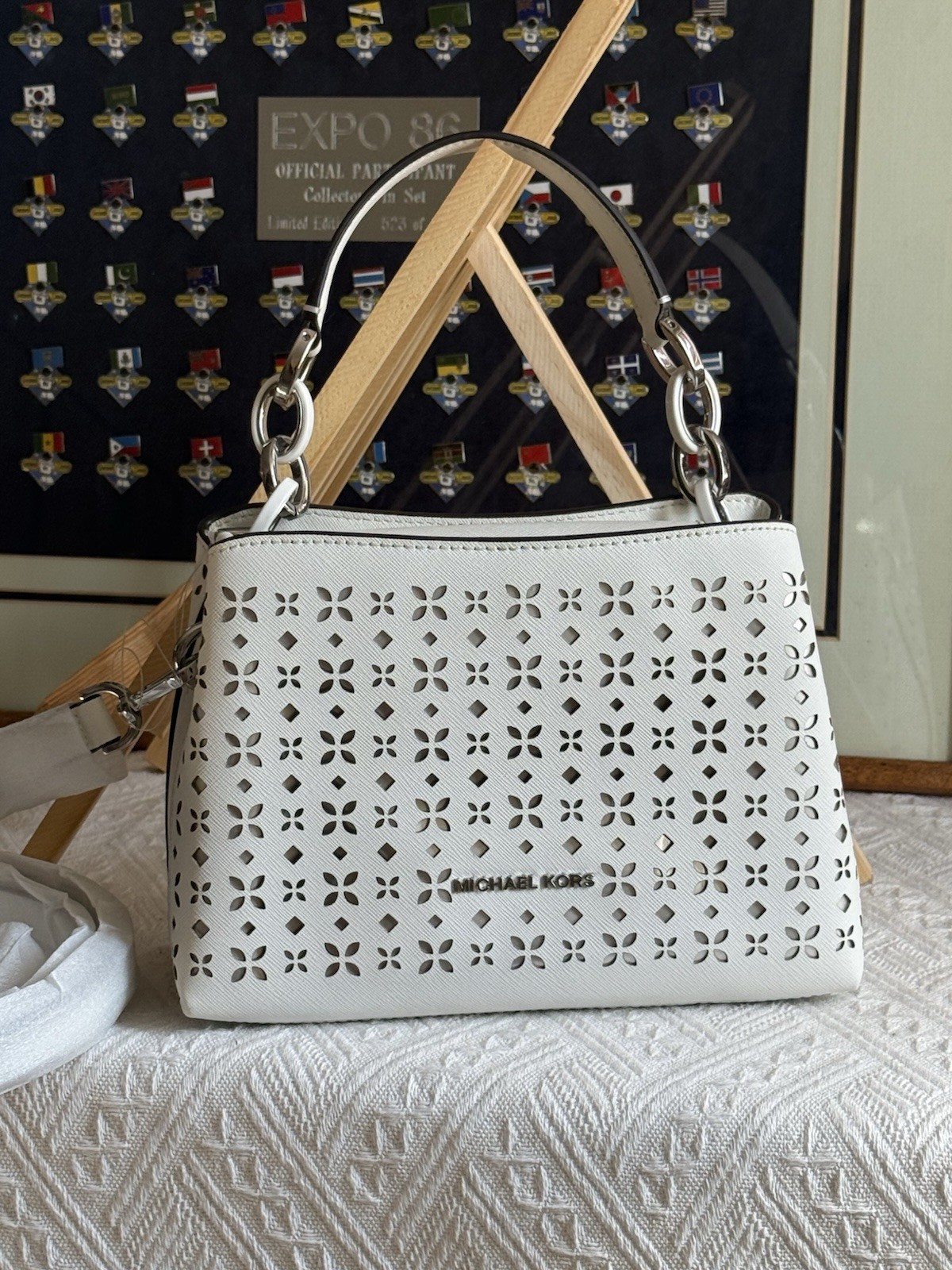 NWT Michael Kors Portia Laser Cut Small Satchel In Optic White