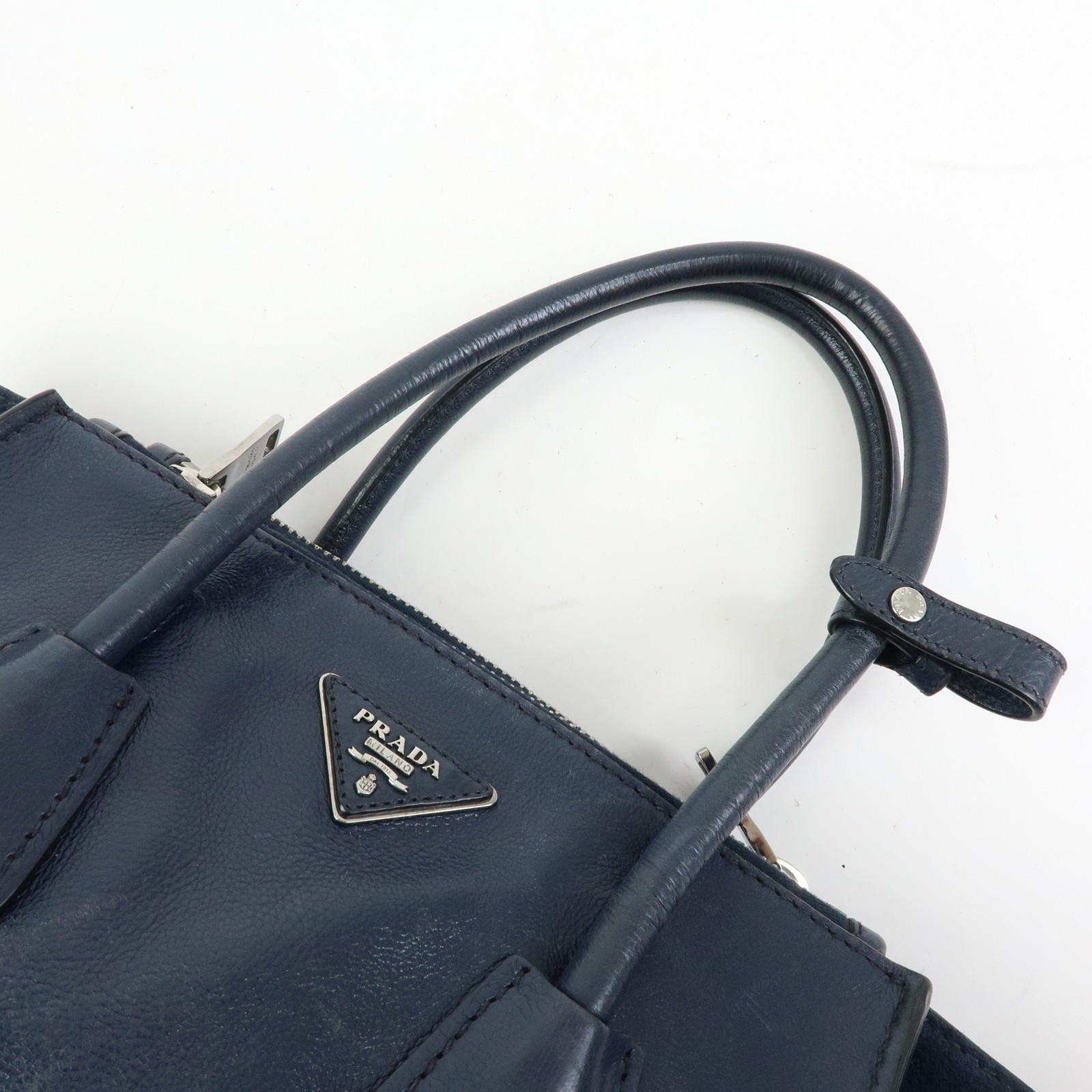 PRADA Triangle Logo Leather 2Way Bag Tote Bag Hand Bag Navy B2625M Auth Used F/S