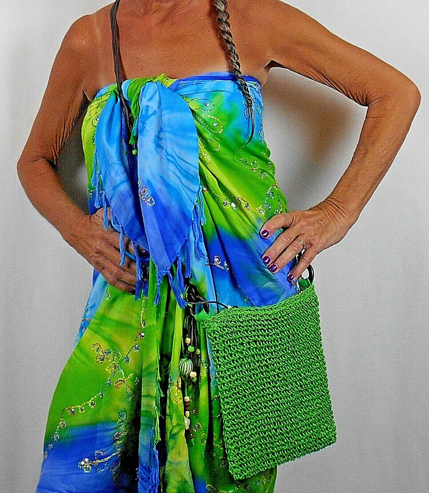 Cross Body Purse NATURAL CROCHET PINK, GREEN, ORANGE Sun ‘n Sand Zipper Closure